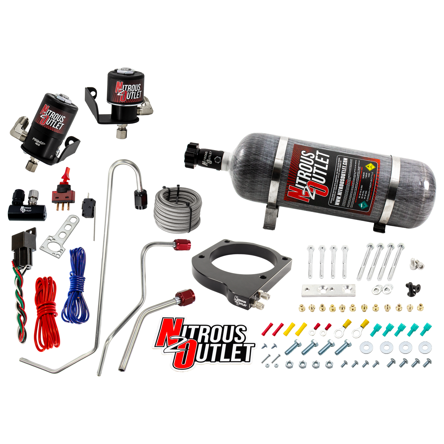 Nitrous Outlet GM 102mm MSD LS7 Atomic AirForce Intake Hard-line Plate System - Factory-Style Fuel Rails/2006-2019 Corvette Requires K-Tech Idler Pulley Kit - Gas/E85 (5-55psi)(50-200HP)(12lb Bottle)