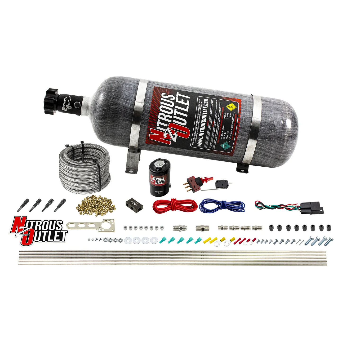 Nitrous Outlet Dry 4 Cylinder Direct Port System - .122 Nitrous Solenoid/Distribution Block/90 Degree Nozzles (50-250HP)(12lb Bottle)