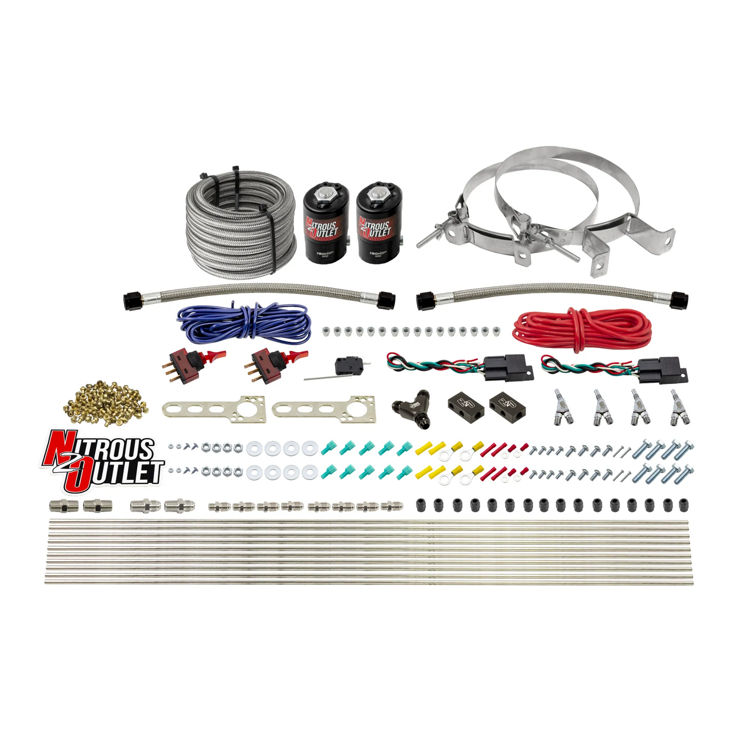 Nitrous Outlet Dry 4 Cylinder Dual Stage Direct Port System - Two .122 Nitrous Solenoids/Distribution Blocks/SBT Dual Passage Discharge Nozzles (50-250HP)(No Bottle)