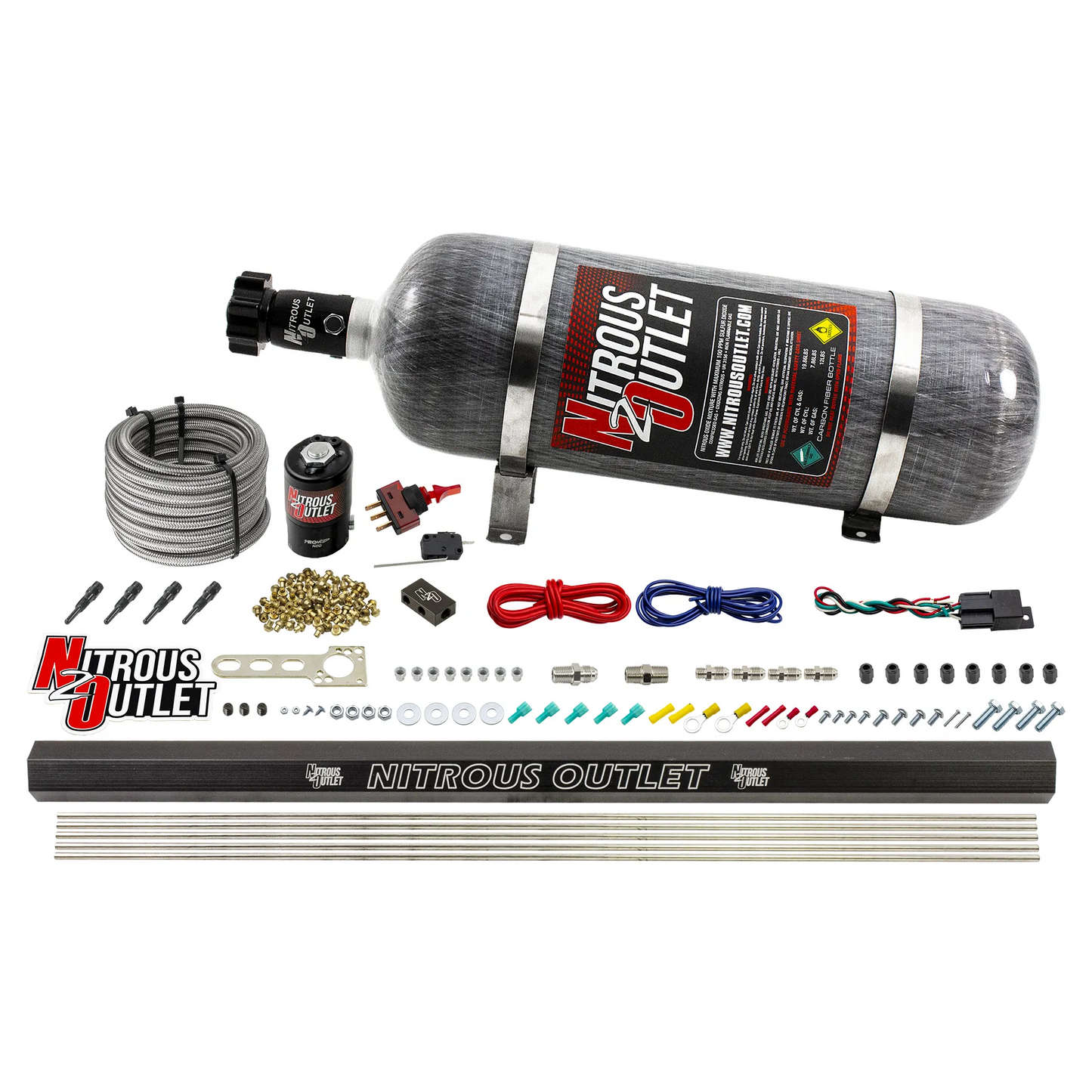 Nitrous Outlet Dry 4 Cylinder Direct Port System - .122 Nitrous Solenoid/Injection Rail/90 Degree Discharge Nozzles (50-250HP)(12lb Bottle)