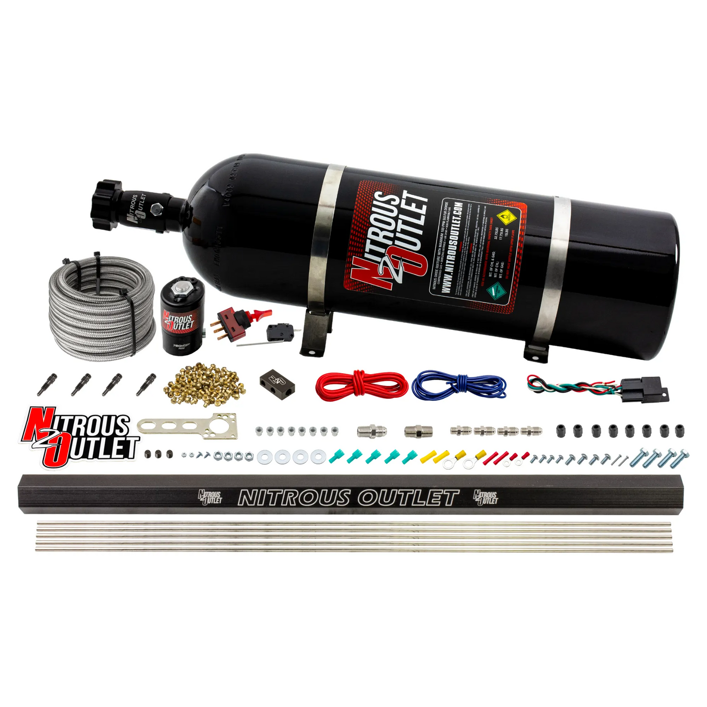 Nitrous Outlet Dry 4 Cylinder Direct Port System -.122 Nitrous Solenoid/Injection Rail/SBT Discharge Nozzles (50-250HP)(15lb Bottle)