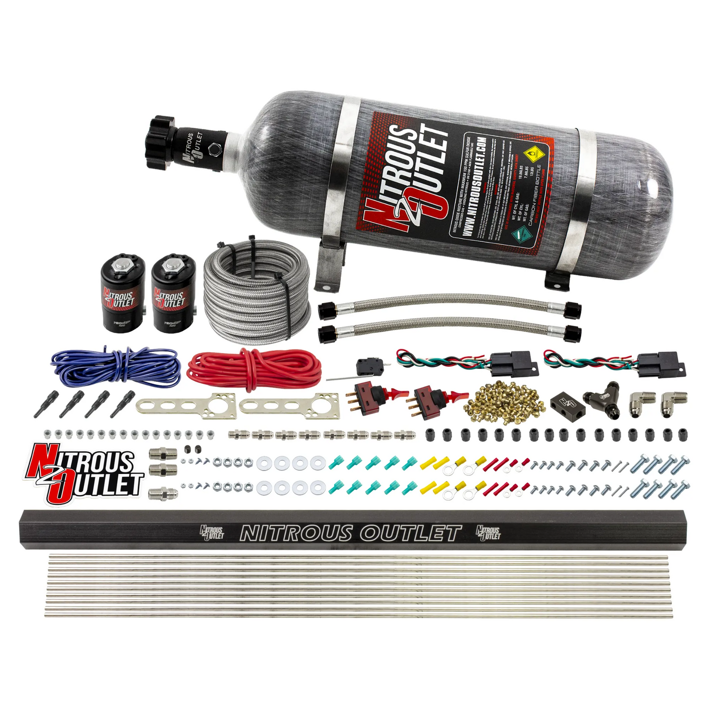 Nitrous Outlet Dry 4 Cylinder Dual Stage Direct Port System - Two .122 Nitrous Solenoids/Dual Passage Injection Rail/SBT Dual Passage Discharge Nozzles (50-250HP)(12lb Bottle)