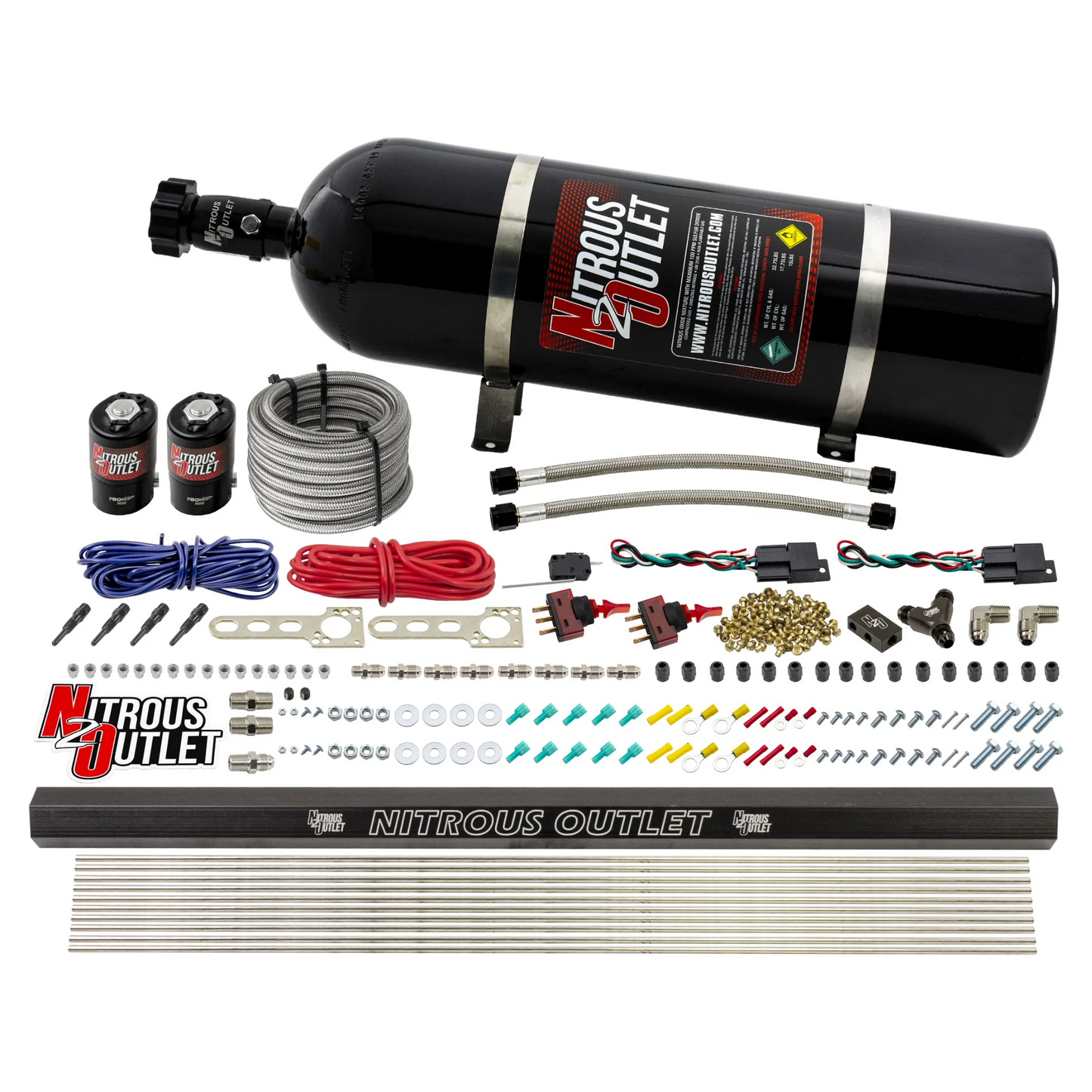 Nitrous Outlet Dry 4 Cylinder Dual Stage Direct Port System - Two .122 Nitrous Solenoids/Dual Passage Injection Rail/SBT Dual Passage Discharge Nozzles (50-250HP)(15lb Bottle)