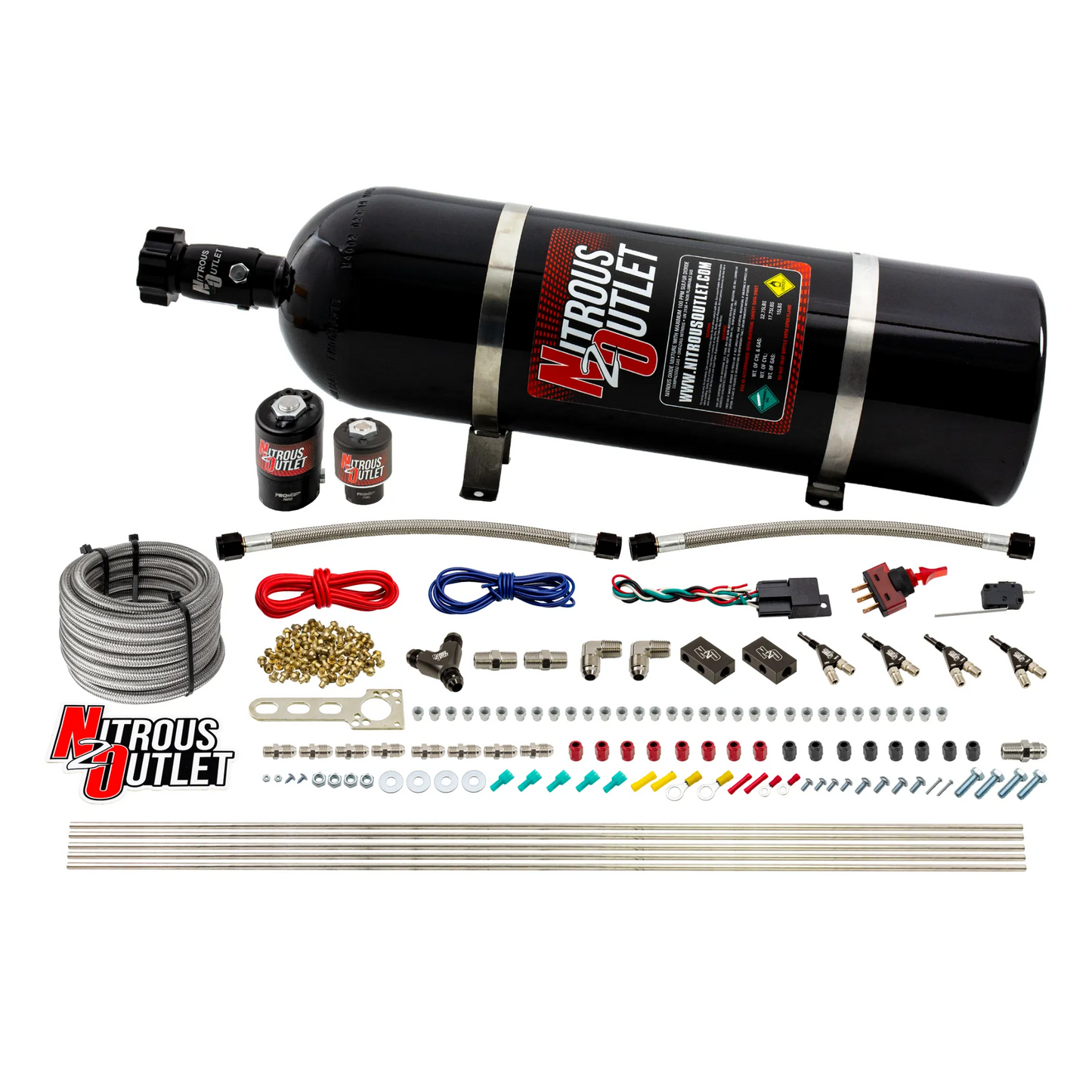 Nitrous Outlet 4 Cylinder Direct Port System - .122 Nitrous Solenoid/.177 Fuel Solenoid/Distribution Blocks/90 Degree Discharge Nozzles (Alcohol)(5-7-10 psi)(50-250HP)(15lb Bottle)