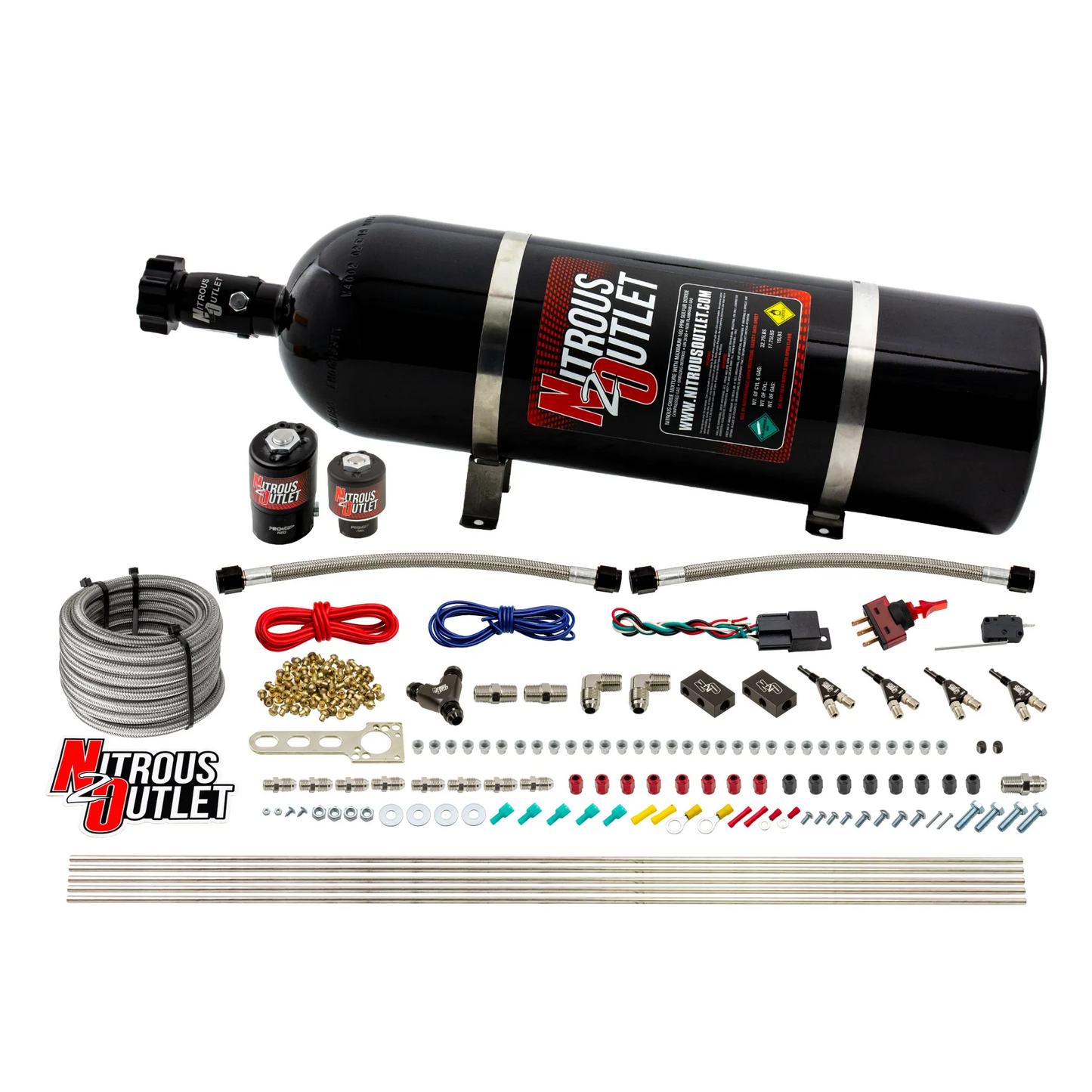 Nitrous Outlet 4 Cylinder Direct Port System - .122 Nitrous Solenoids/.177 Fuel Solenoids/Dual Passage Injection Rail/90 Degree Discharge Nozzles (Alcohol)(5-7-10 psi)(50-250HP)(15lb Bottle)