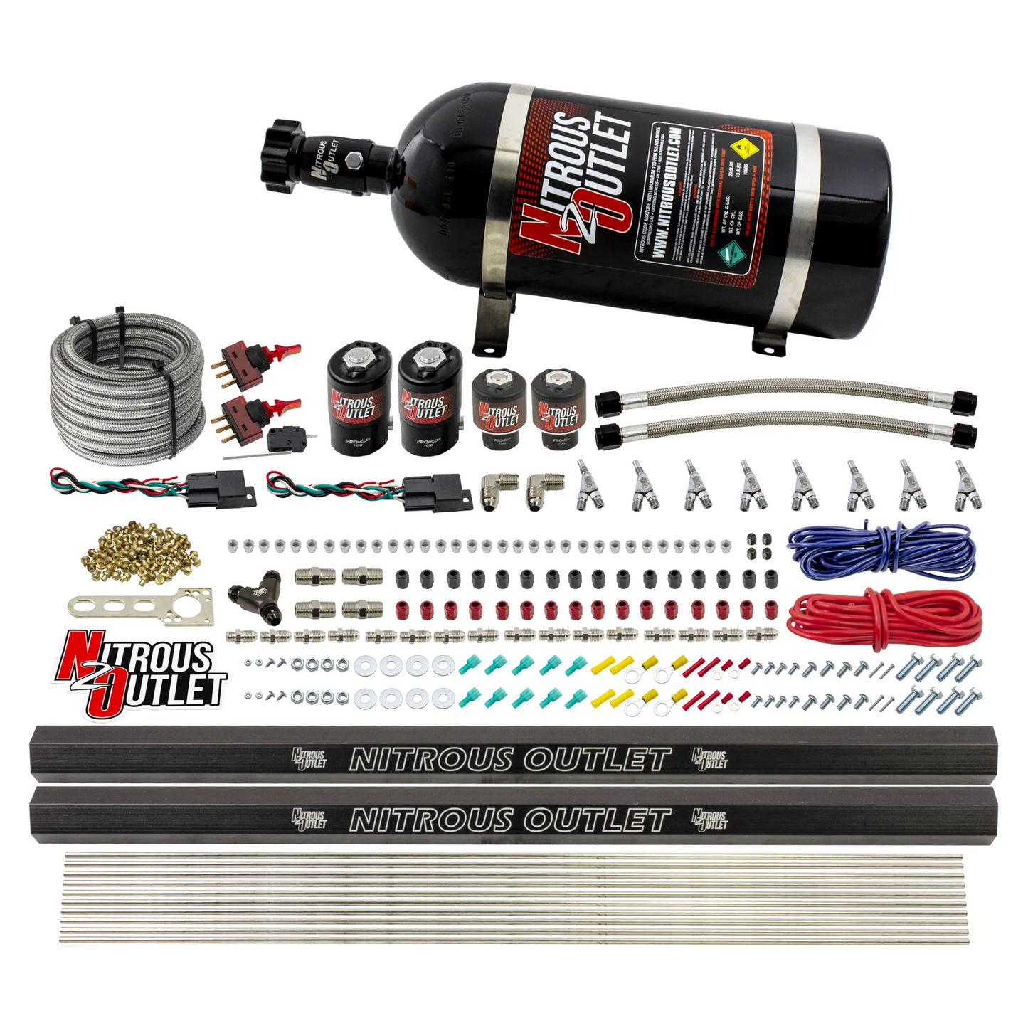 Nitrous Outlet 4 Cylinder Dual Stage Direct Port System - Two .122 Nitrous Solenoids/Two .177 Fuel Solenoids/Two Dual Passage Injection Rails/Annular Discharge Nozzles (Alcohol)(5-7-10 psi)(50-250HP)(10lb Bottle)