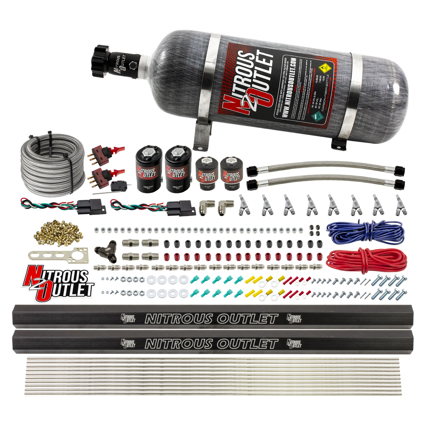 Nitrous Outlet 4 Cylinder Dual Stage Direct Port System - Two .122 Nitrous Solenoids/Two .177 Fuel Solenoids/Two Dual Passage Injection Rails/Annular Discharge Nozzles (Alcohol)(5-7-10 psi)(50-250HP)(12lb Bottle)