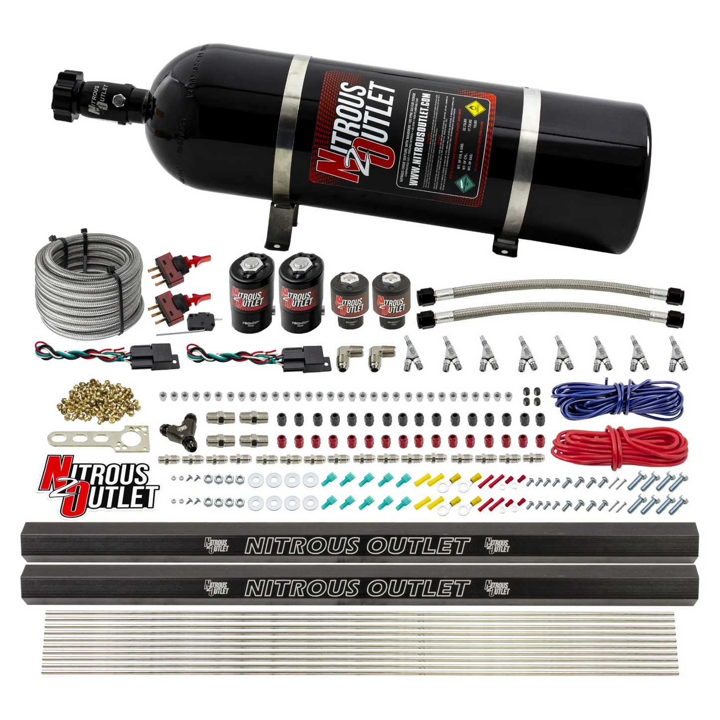 Nitrous Outlet 4 Cylinder Dual Stage Direct Port System - Two .122 Nitrous Solenoids/Two .177 Fuel Solenoids/Two Dual Passage Injection Rails/Annular Discharge Nozzles (Alcohol)(5-7-10 psi)(50-250HP)(15lb Bottle)