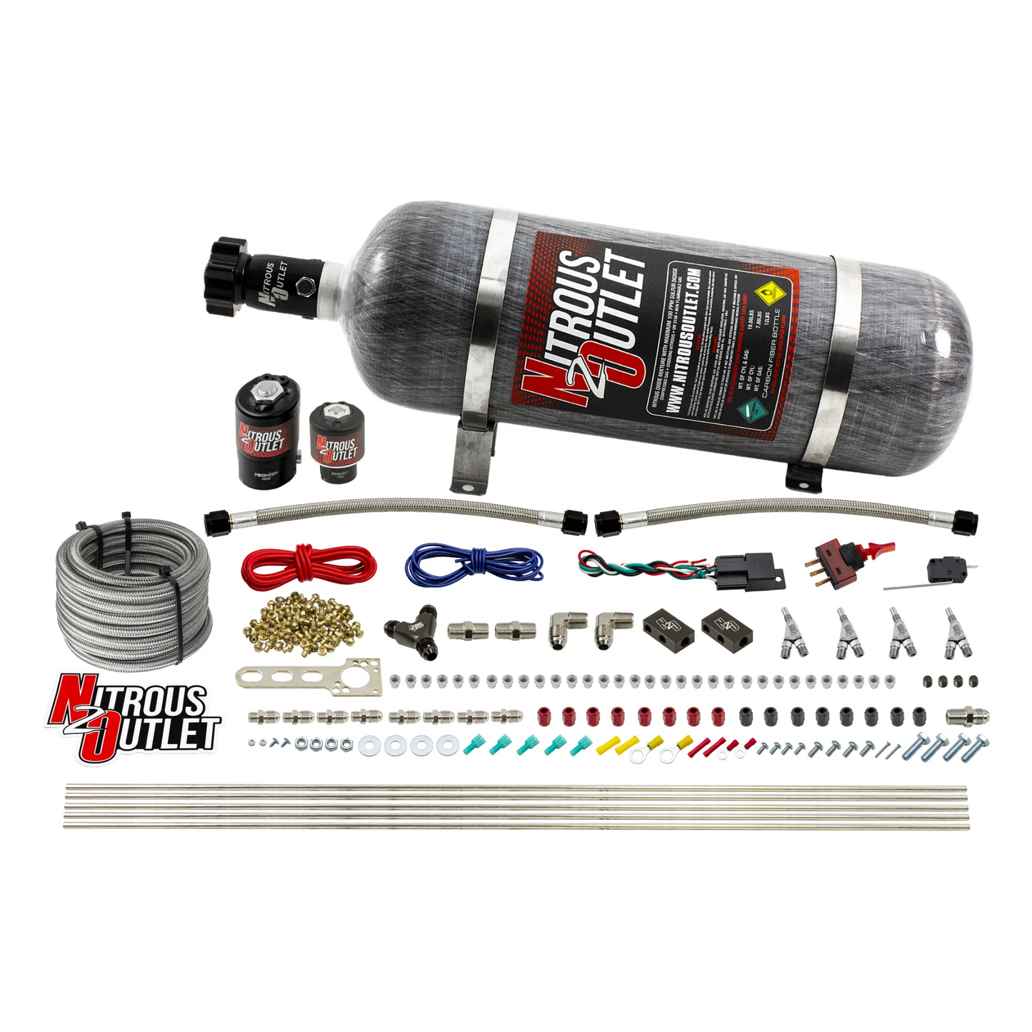 Nitrous Outlet 4 Cylinder Direct Port System - .122 Nitrous Solenoid/.177 Fuel Solenoid/Distribution Blocks/Annular Degree Discharge Nozzles (Alcohol)(5-7-10 psi)(50-250HP)(12lb Bottle)
