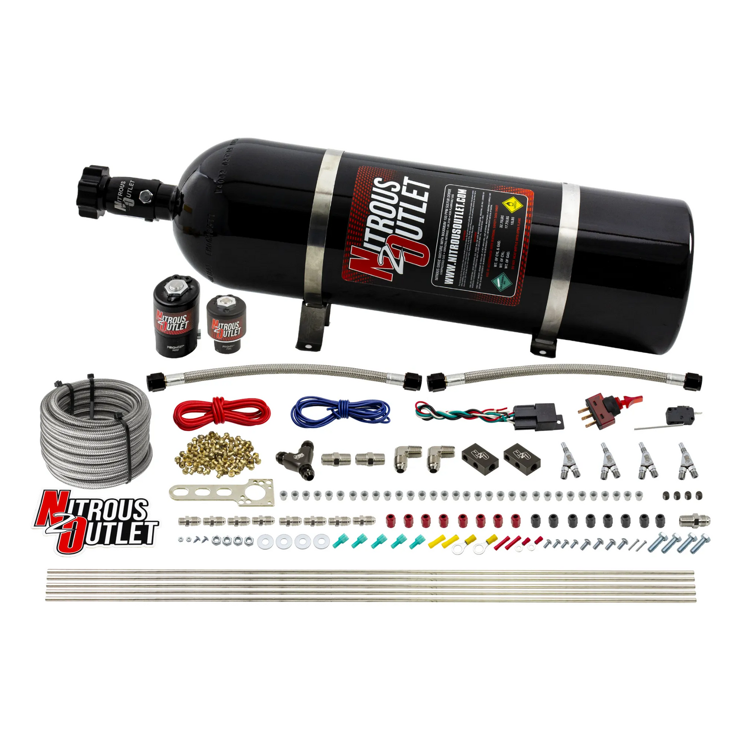 Nitrous Outlet 4 Cylinder Direct Port System - .122 Nitrous Solenoid/.177 Fuel Solenoid/Distribution Blocks/Annular Degree Discharge Nozzles (Alcohol)(5-7-10 psi)(50-250HP)(15lb Bottle)