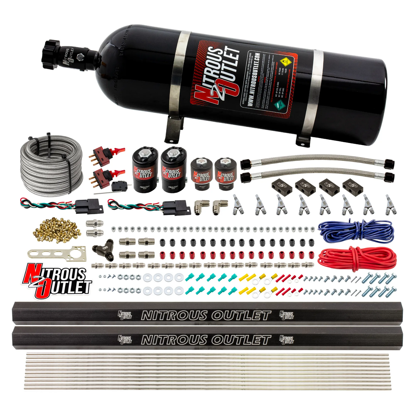 Nitrous Outlet 4 Cylinder Dual Stage Direct Port System - Two .122 Nitrous Solenoids/Two .177 Fuel Solenoids/Distribution Blocks/Annular Discharge Nozzles (Alcohol)(5-7-10 psi)(50-250HP)(15lb Bottle)
