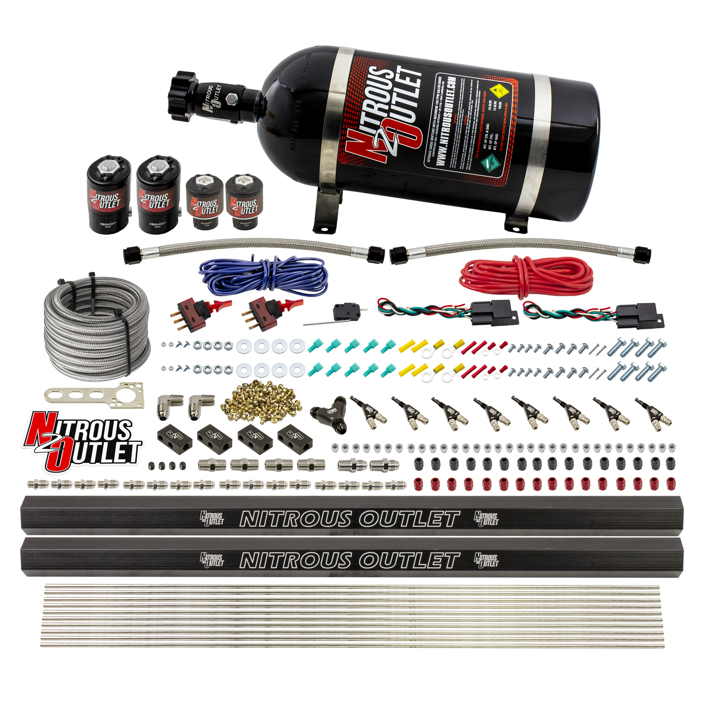 Nitrous Outlet 4 Cylinder Dual Stage Direct Port System - Two .122 Nitrous Solenoids/Two .177 Fuel Solenoids/Two Dual Passage Injection Rails/90 Degree Discharge Nozzles (E85)(5-7-10 psi)(50-250HP)(10lb Bottle)