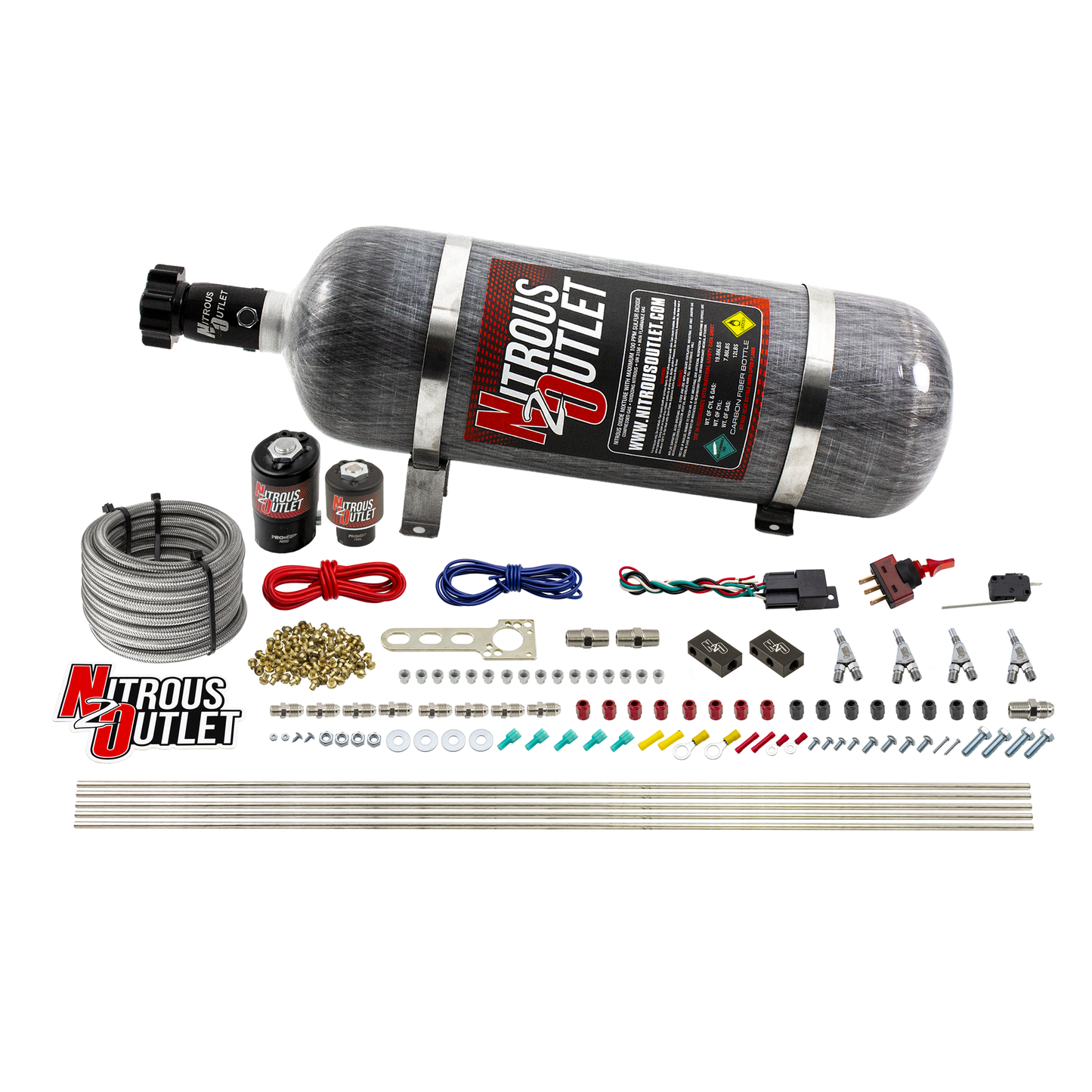 Nitrous Outlet 4 Cylinder Direct Port System - .122 Nitrous Solenoid/.177 Fuel Solenoid/Distribution Blocks/Annular Degree Discharge Nozzles (E85)(5-7-10 psi)(50-250HP)(12lb Bottle)