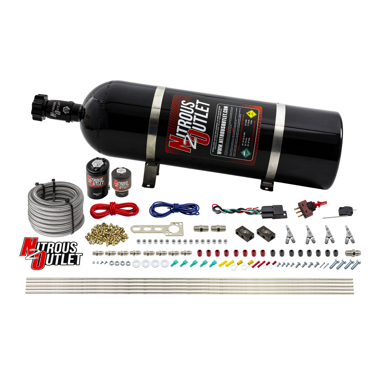 Nitrous Outlet 4 Cylinder Direct Port System - .122 Nitrous Solenoid/.177 Fuel Solenoid/Distribution Blocks/Annular Degree Discharge Nozzles (E85)(5-7-10 psi)(50-250HP)(15lb Bottle)