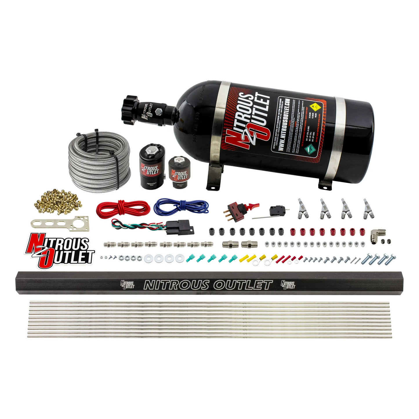 Nitrous Outlet 4 Cylinder Direct Port System - .122 Nitrous Solenoids/.177 Fuel Solenoids/Dual Passage Injection Rail/Annular Discharge Nozzles (Gas)(45-55 psi)(50-250HP)(10lb Bottle)