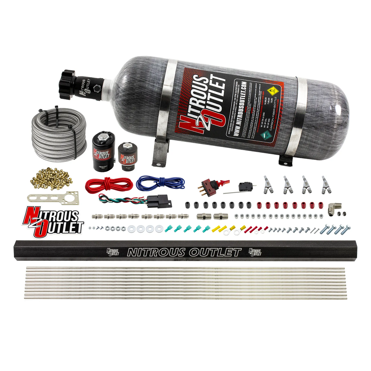 Nitrous Outlet 4 Cylinder Direct Port System - .122 Nitrous Solenoids/.177 Fuel Solenoids/Dual Passage Injection Rail/Annular Discharge Nozzles (Gas)(45-55 psi)(50-250HP)(12lb Bottle)