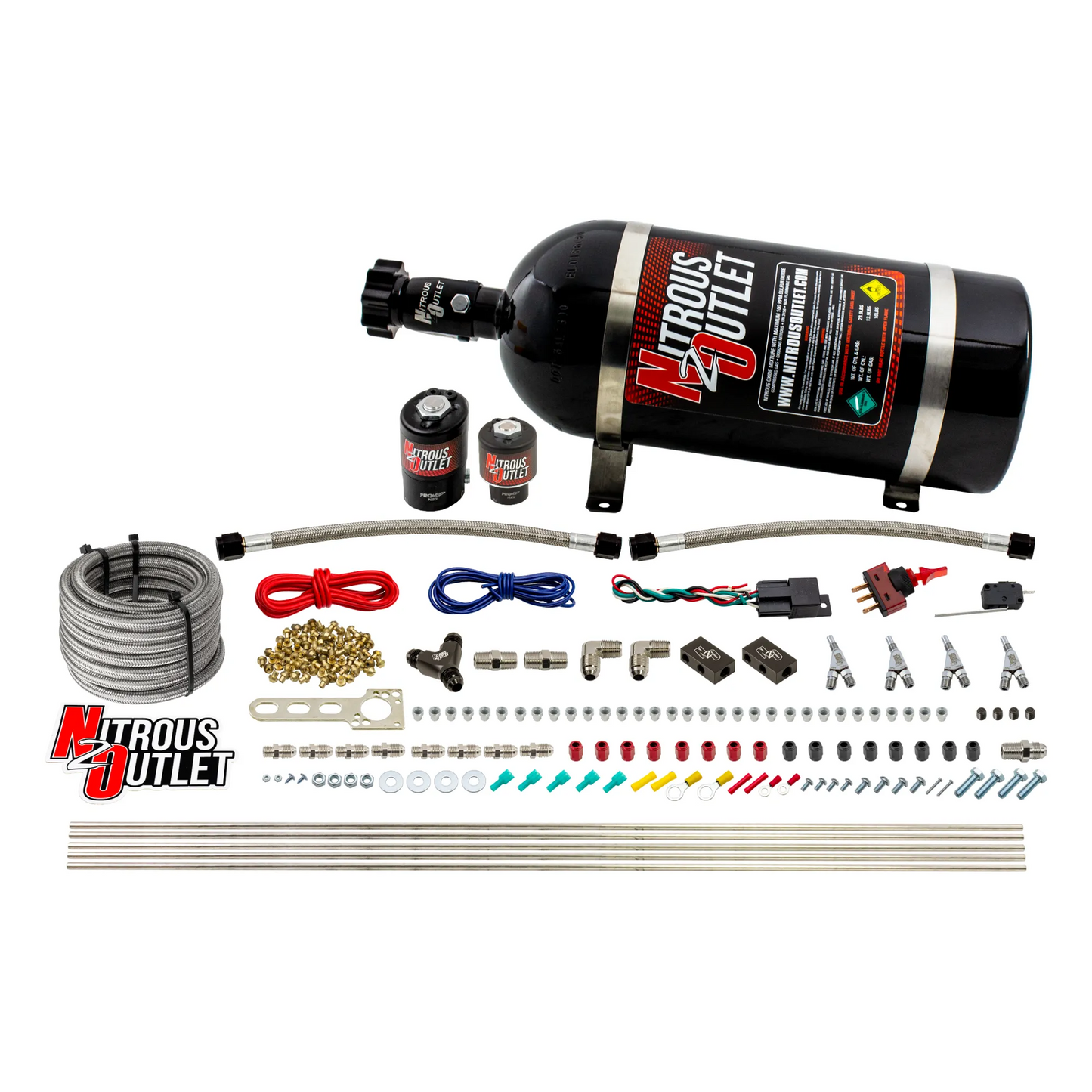 Nitrous Outlet 4 Cylinder Direct Port System - .122 Nitrous Solenoid/.177 Fuel Solenoid/Distribution Blocks/Annular Degree Discharge Nozzles (Gas)(5-7-10 psi)(50-250HP)(10lb Bottle)