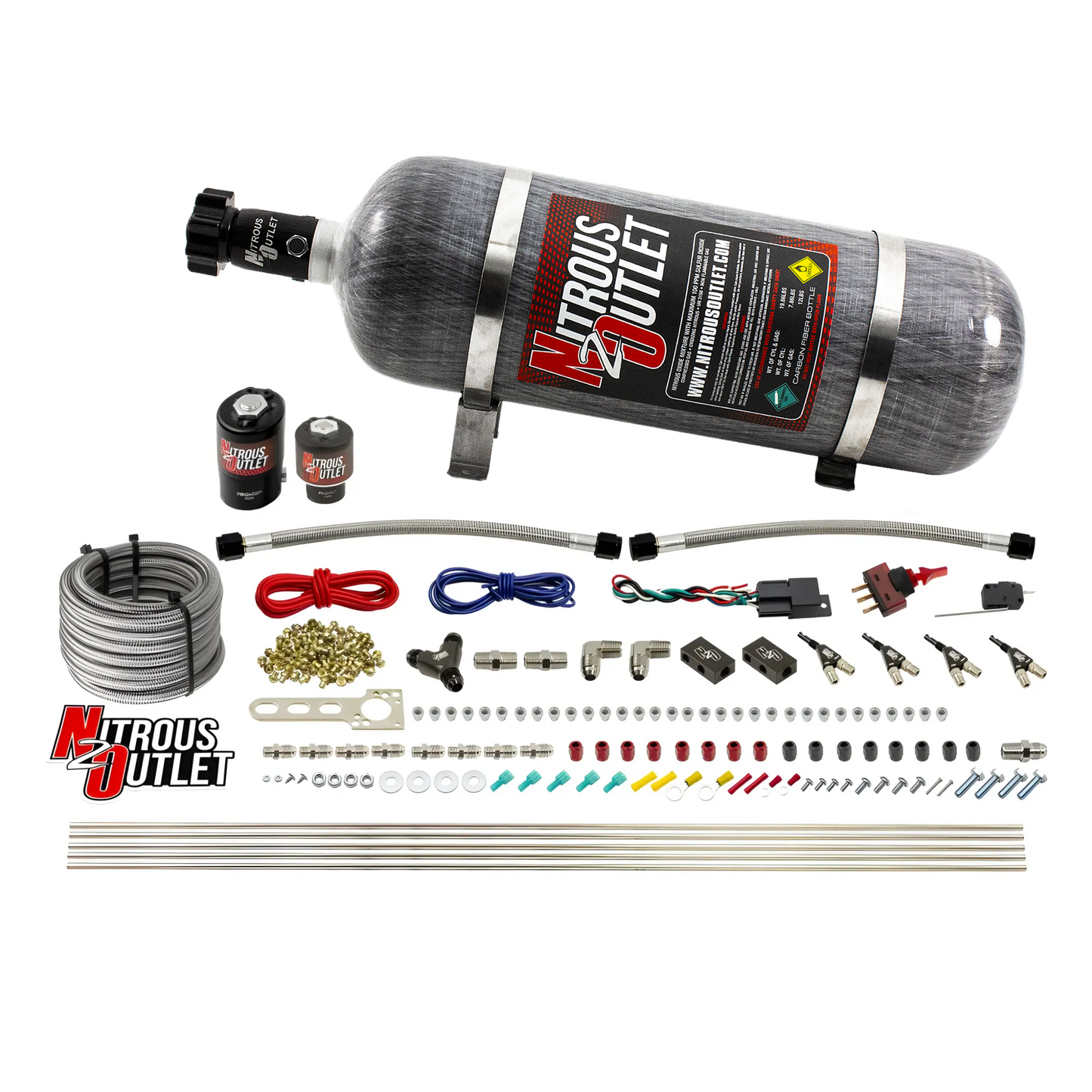 Nitrous Outlet 4 Cylinder Direct Port System - .122 Nitrous Solenoids/.177 Fuel Solenoids/Dual Passage Injection Rail/90 Degree Discharge Nozzles (E85)(45-55 psi)(50-250HP)(12lb Bottle)