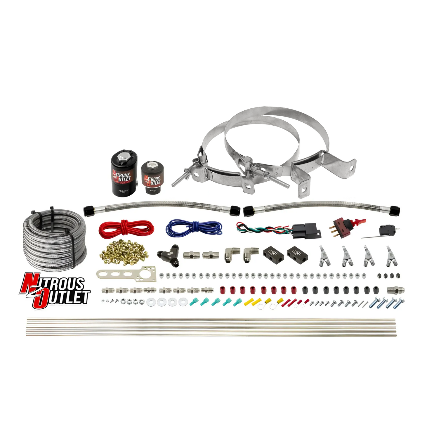 Nitrous Outlet 4 Cylinder Direct Port System - .122 Nitrous Solenoid/.177 Fuel Solenoid/Distribution Blocks/Annular Degree Discharge Nozzles (E85)(45-55 psi)(50-250HP)(No Bottle)