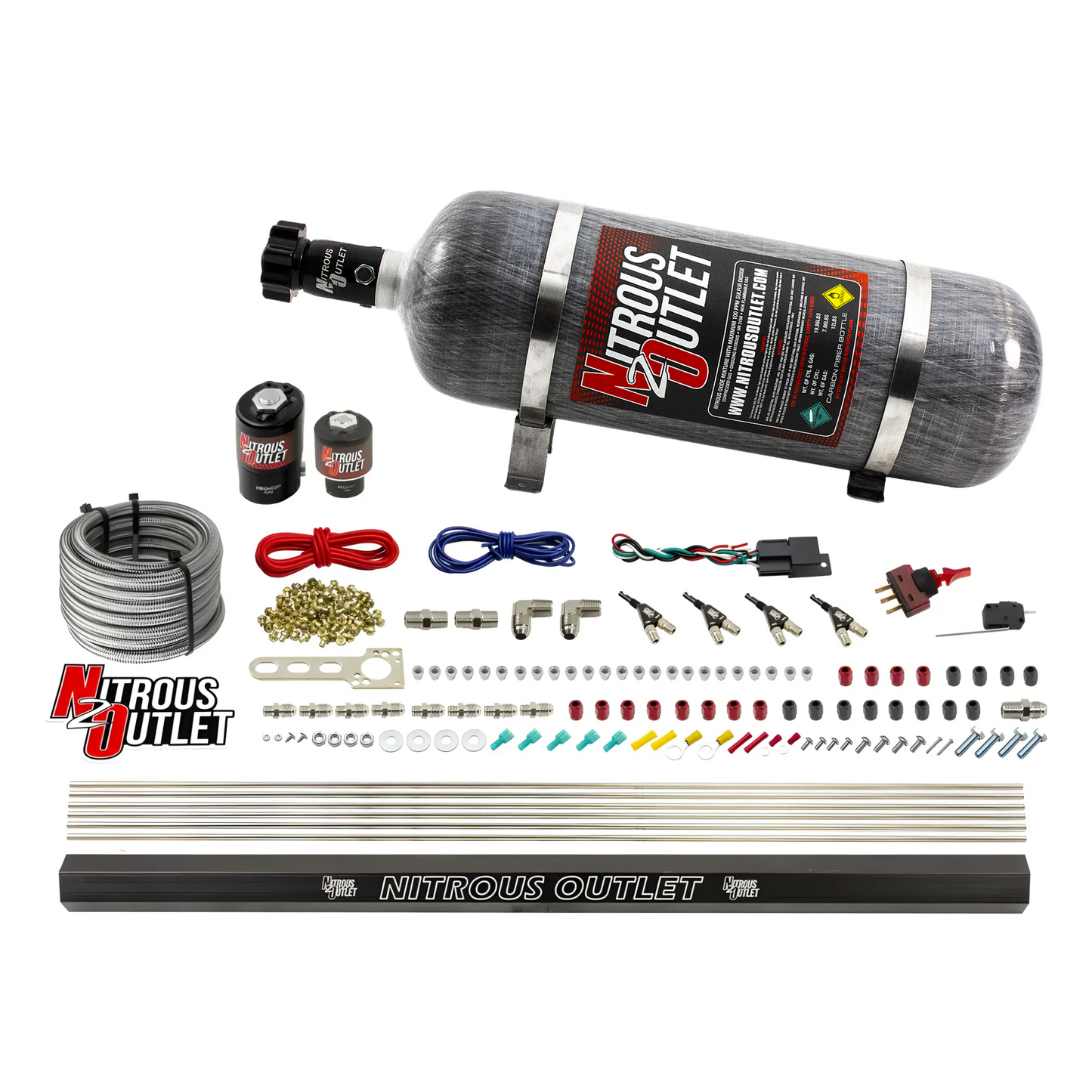 Nitrous Outlet 4 Cylinder Direct Port System - .122 Nitrous Solenoids/.177 Fuel Solenoids/Dual Passage Injection Rail/90 Degree Discharge Nozzles (Gas)(45-55 psi)(50-250HP)(12lb Bottle)