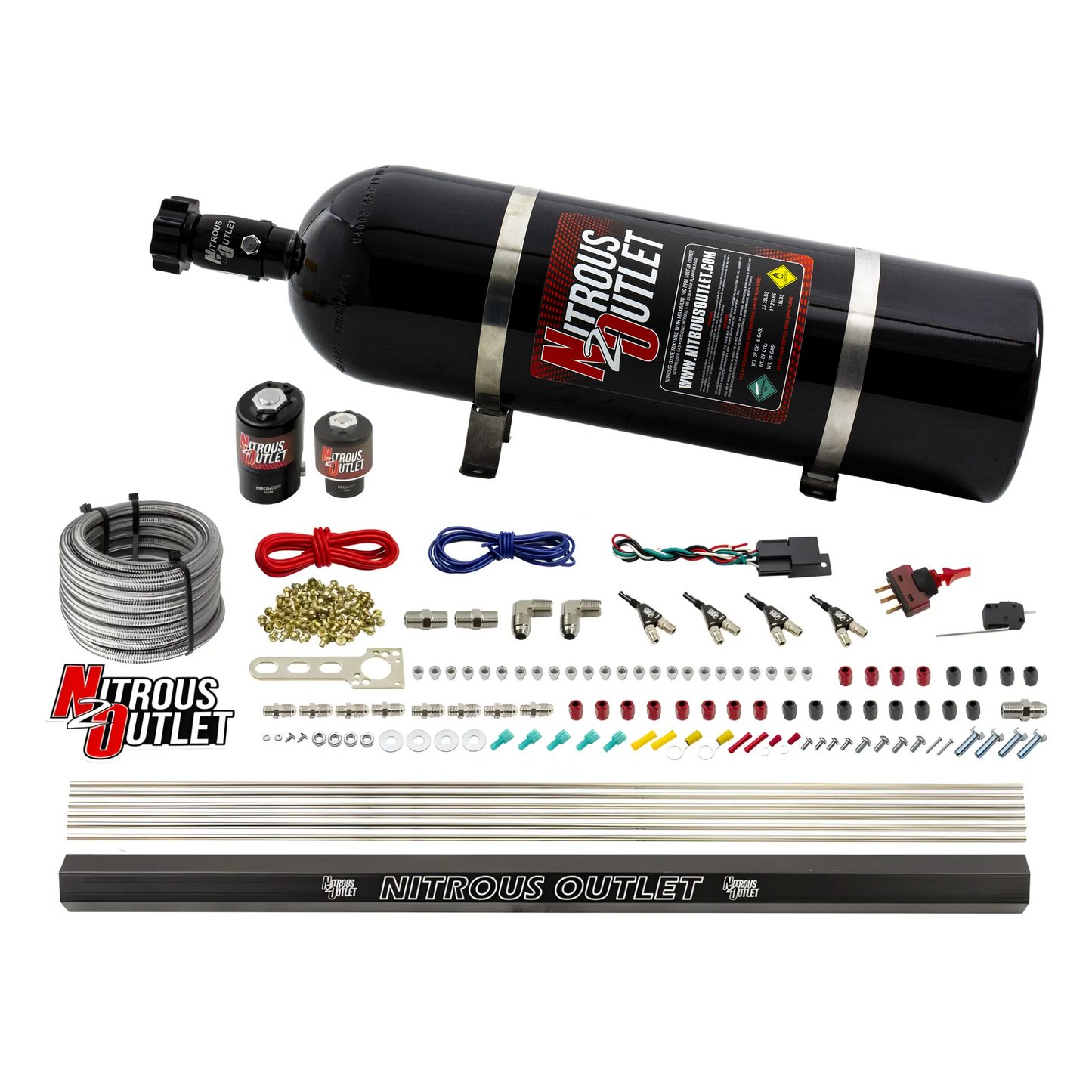 Nitrous Outlet 4 Cylinder Direct Port System - .122 Nitrous Solenoids/.177 Fuel Solenoids/Dual Passage Injection Rail/90 Degree Discharge Nozzles (Gas)(45-55 psi)(50-250HP)(15lb Bottle)