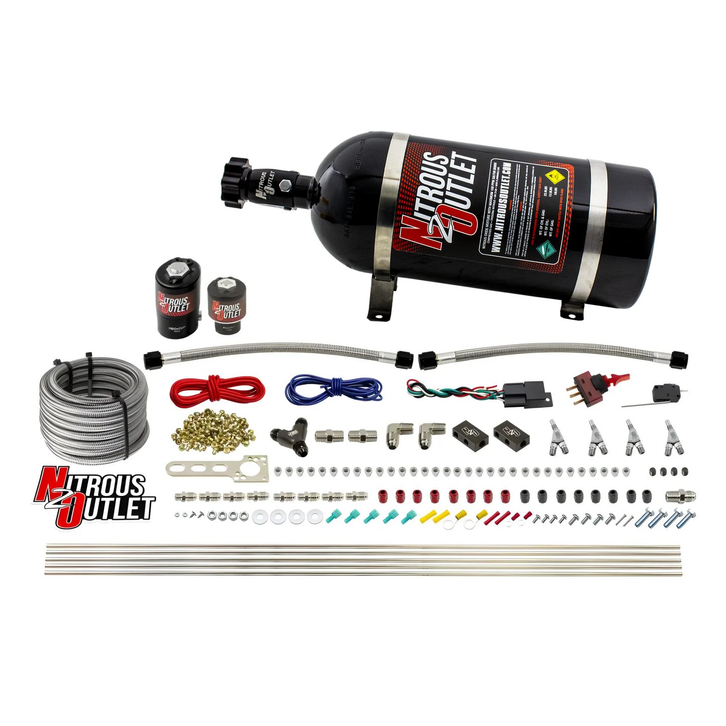 Nitrous Outlet 4 Cylinder Direct Port System - .122 Nitrous Solenoid/.177 Fuel Solenoid/Distribution Blocks/Annular Degree Discharge Nozzles (Gas)(45-55 psi)(50-250HP)(10lb Bottle)