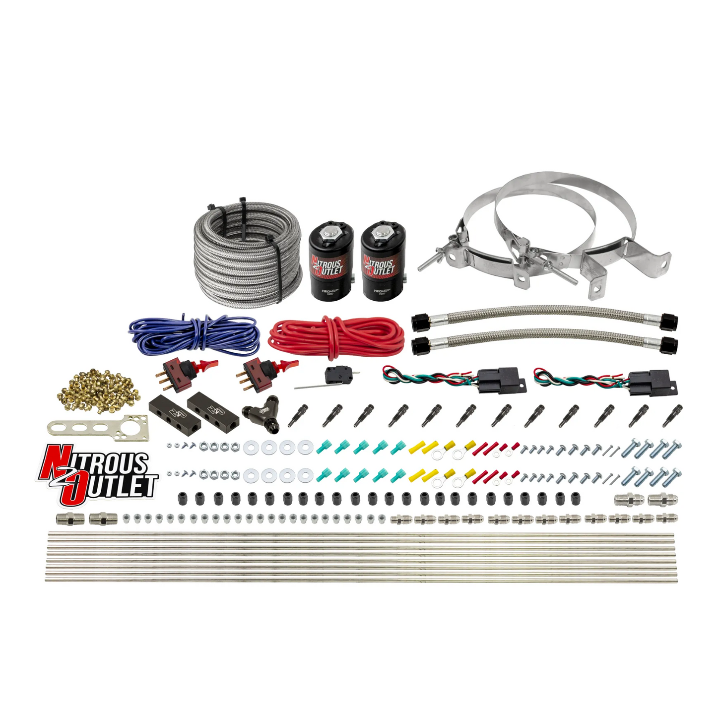 Nitrous Outlet Dry 6 Cylinder Dual Stage Direct Port System - Two .122 Nitrous Solenoids/Distribution Blocks/SBT Dual Passage Discharge Nozzles (75-375HP)(No Bottle)
