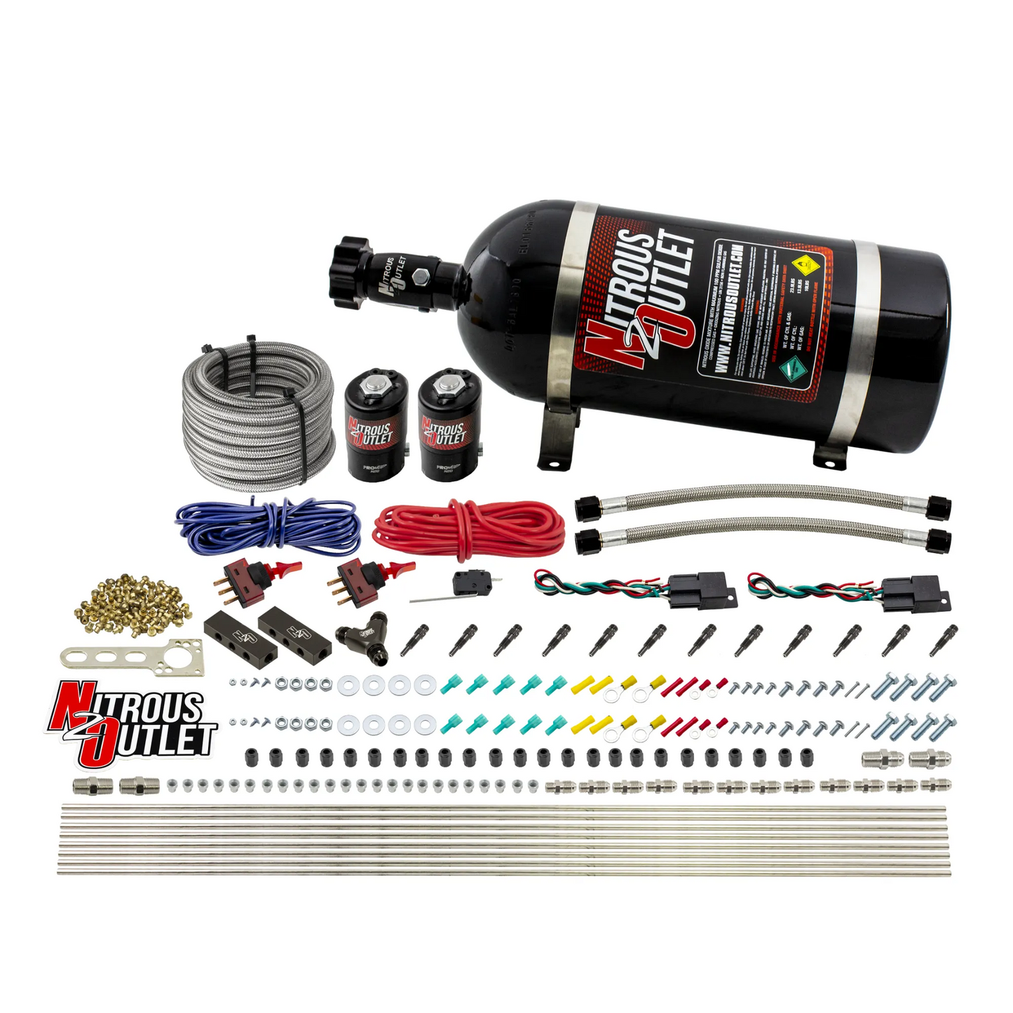 Nitrous Outlet Dry 6 Cylinder Dual Stage Direct Port System - Two .122 Nitrous Solenoids/Distribution Blocks/SBT Nozzles (75-375HP)(10lb Bottle)