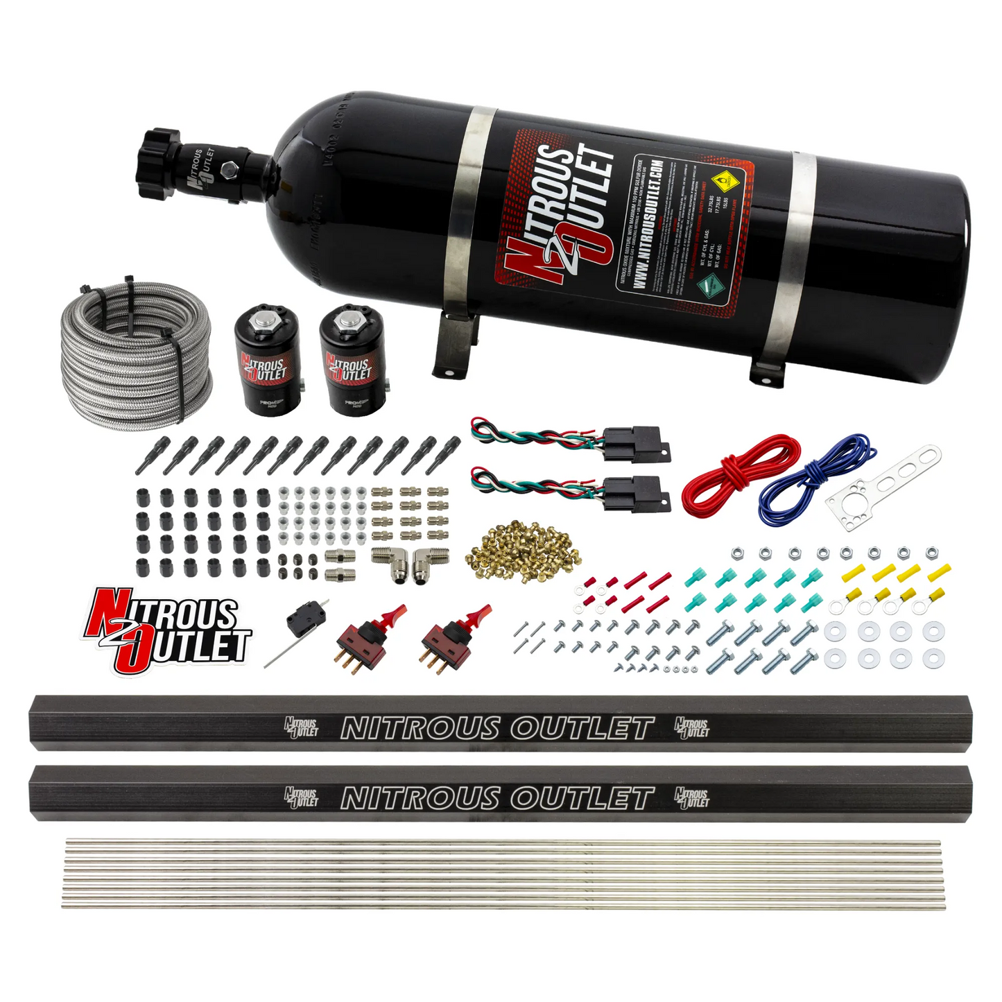 Nitrous Outlet Dry 6 Cylinder Dual Stage Direct Port System - Two .122 Nitrous Solenoids/Dual Passage Injection Rail/SBT Dual Passage Discharge Nozzles (75-375HP)(15lb Bottle)