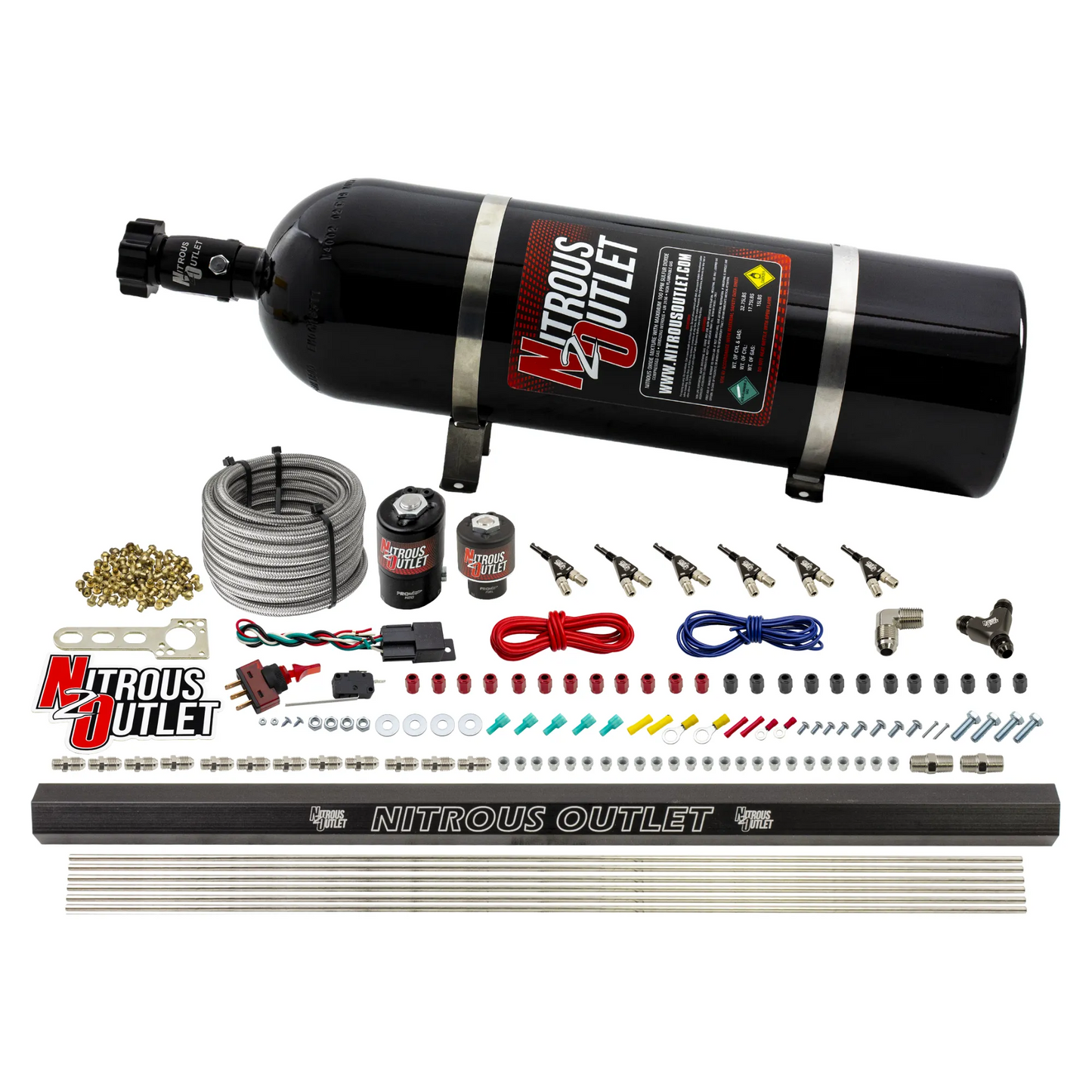 Nitrous Outlet 6 Cylinder Direct Port System - .122 Nitrous Solenoid/.177 Fuel Solenoid/Distribution Blocks/90 Degree Discharge Nozzles (Gas)(5-7-10 psi)(75-375HP)(15lb Bottle)