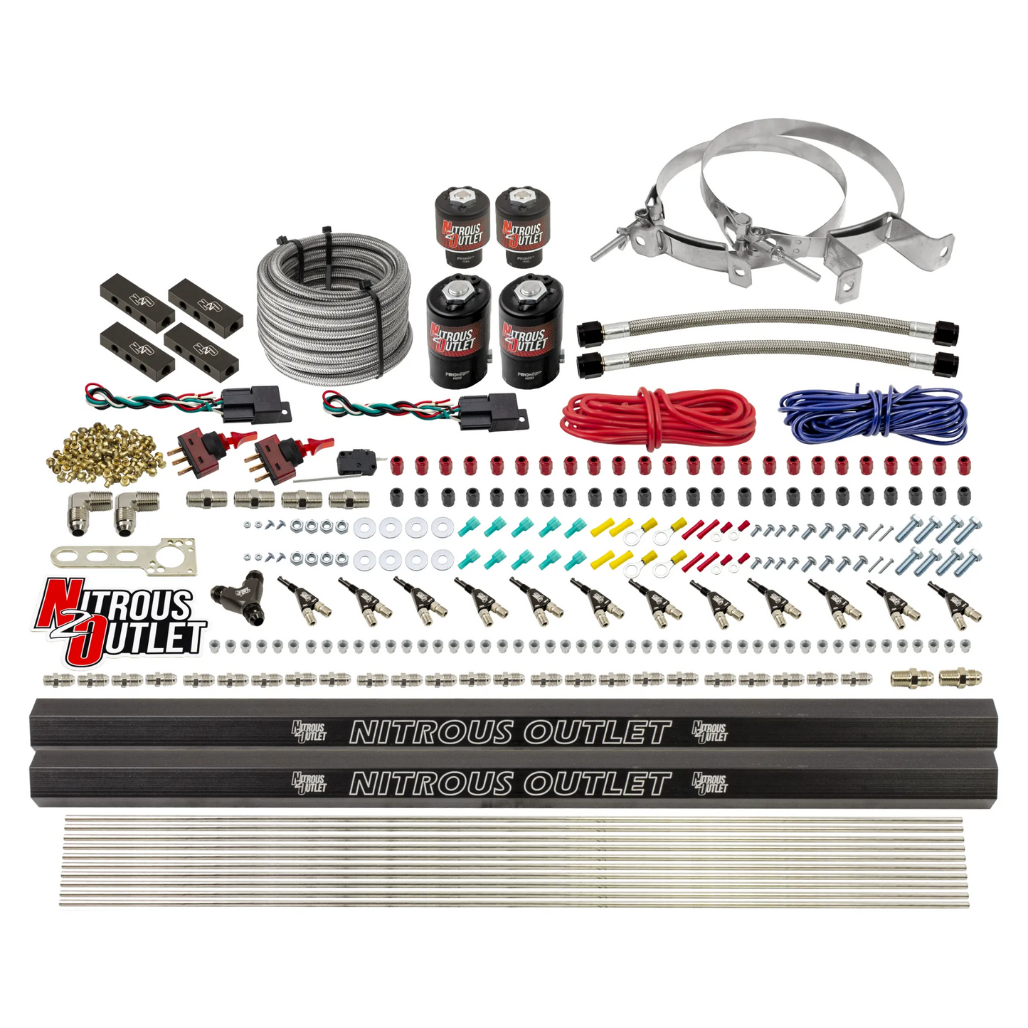 Nitrous Outlet 6 Cylinder Dual Stage Direct Port System - Two .122 Nitrous Solenoids/Two .177 Fuel Solenoids/Distribution Blocks/90 Degree Discharge Nozzles (Alcohol)(5-7-10 psi)(75-375HP)(No Bottle)