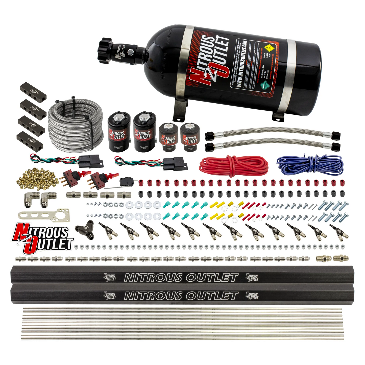 Nitrous Outlet 6 Cylinder Dual Stage Direct Port System - Two .122 Nitrous Solenoids/Two .177 Fuel Solenoids/Distribution Blocks/90 Degree Discharge Nozzles (Alcohol)(5-7-10 psi)(75-375HP)(10lb Bottle)