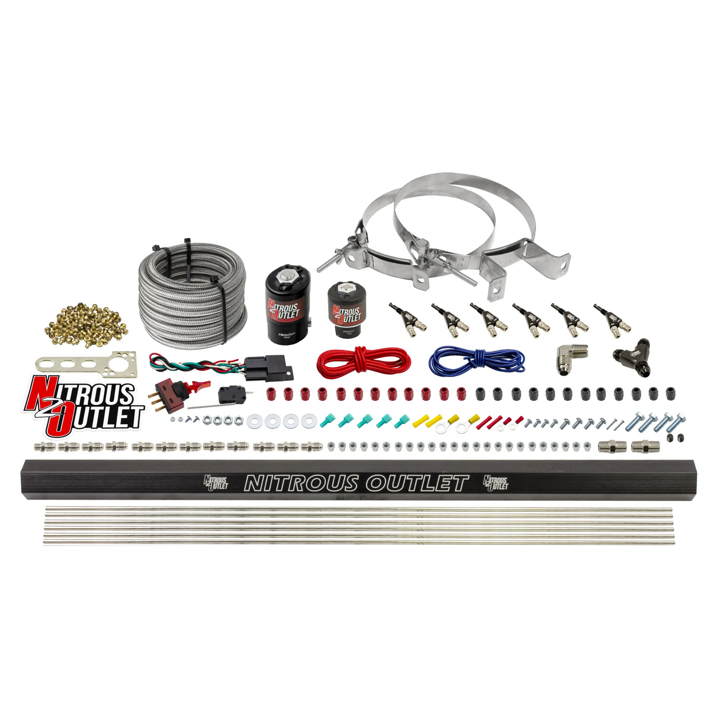 Nitrous Outlet 6 Cylinder Direct Port System - .122 Nitrous Solenoids/.177 Fuel Solenoids/Dual Passage Injection Rail/90 Degree Discharge Nozzles (Alcohol)(5-7-10 psi)(75-375HP)(No Bottle)