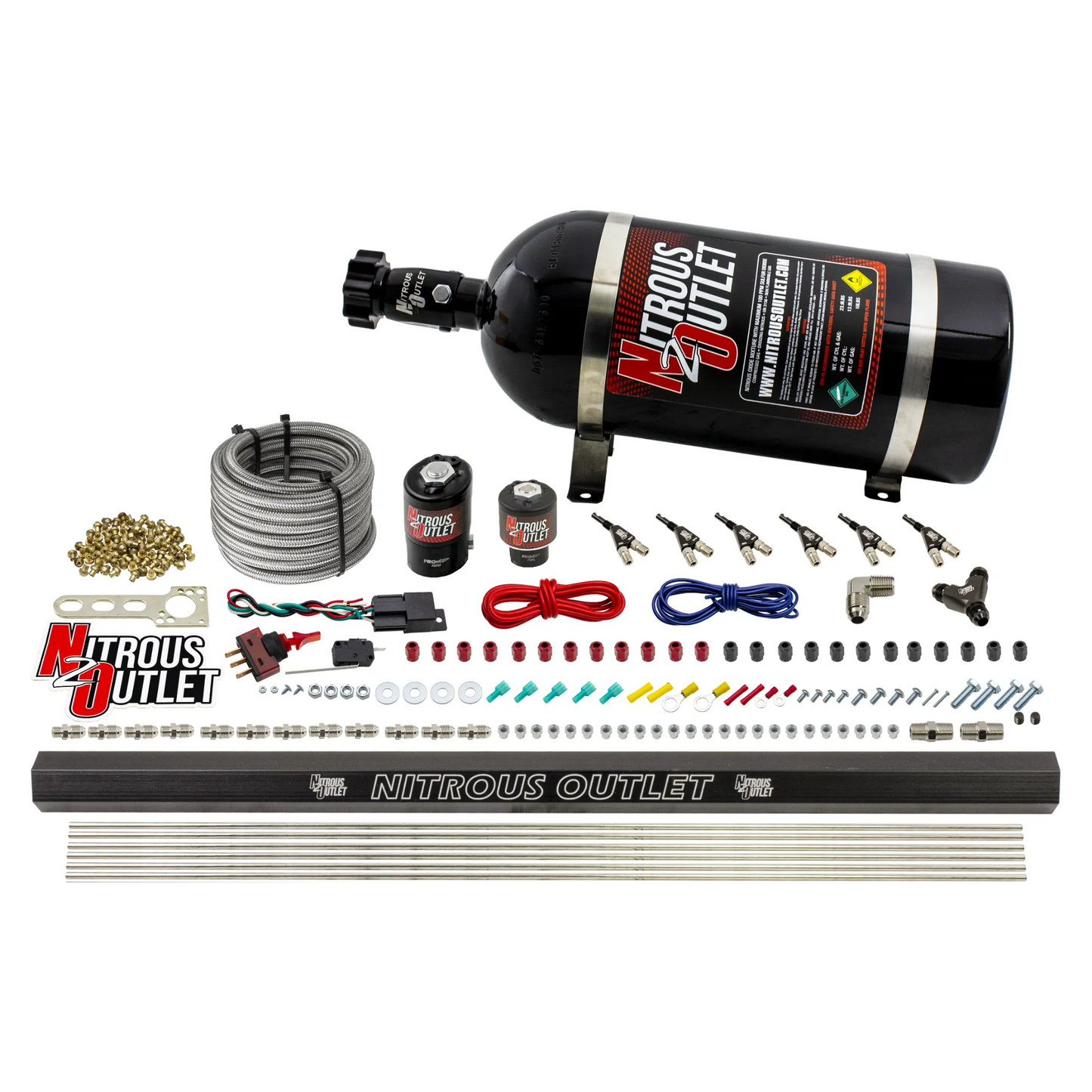 Nitrous Outlet 6 Cylinder Direct Port System - .122 Nitrous Solenoids/.177 Fuel Solenoids/Dual Passage Injection Rail/90 Degree Discharge Nozzles (Alcohol)(5-7-10 psi)(75-375HP)(10lb Bottle)