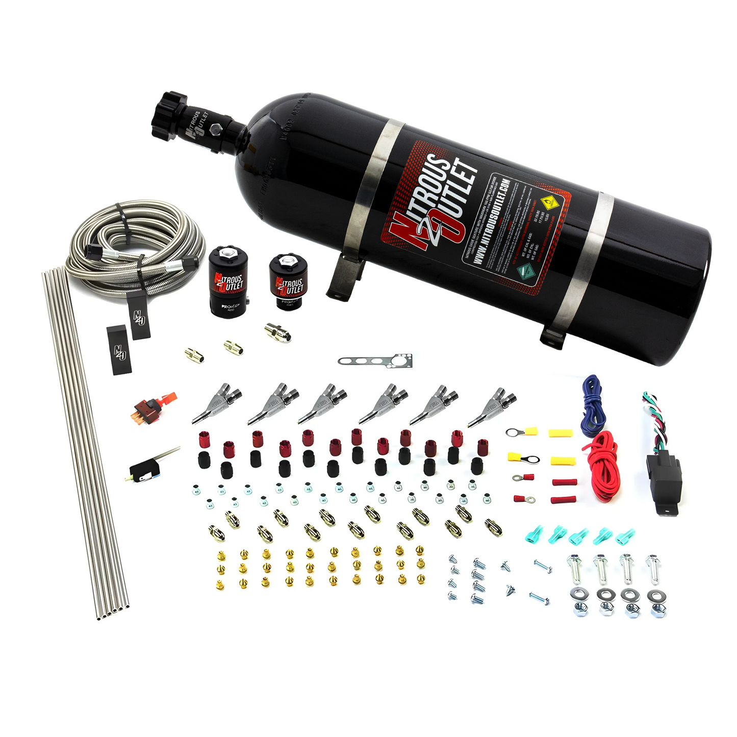 Nitrous Outlet 6 Cylinder Direct Port System - .122 Nitrous Solenoid/.177 Fuel Solenoid/Distribution Blocks/Annular Degree Discharge Nozzles (Alcohol)(5-7-10 psi)(75-375HP)(15lb Bottle)