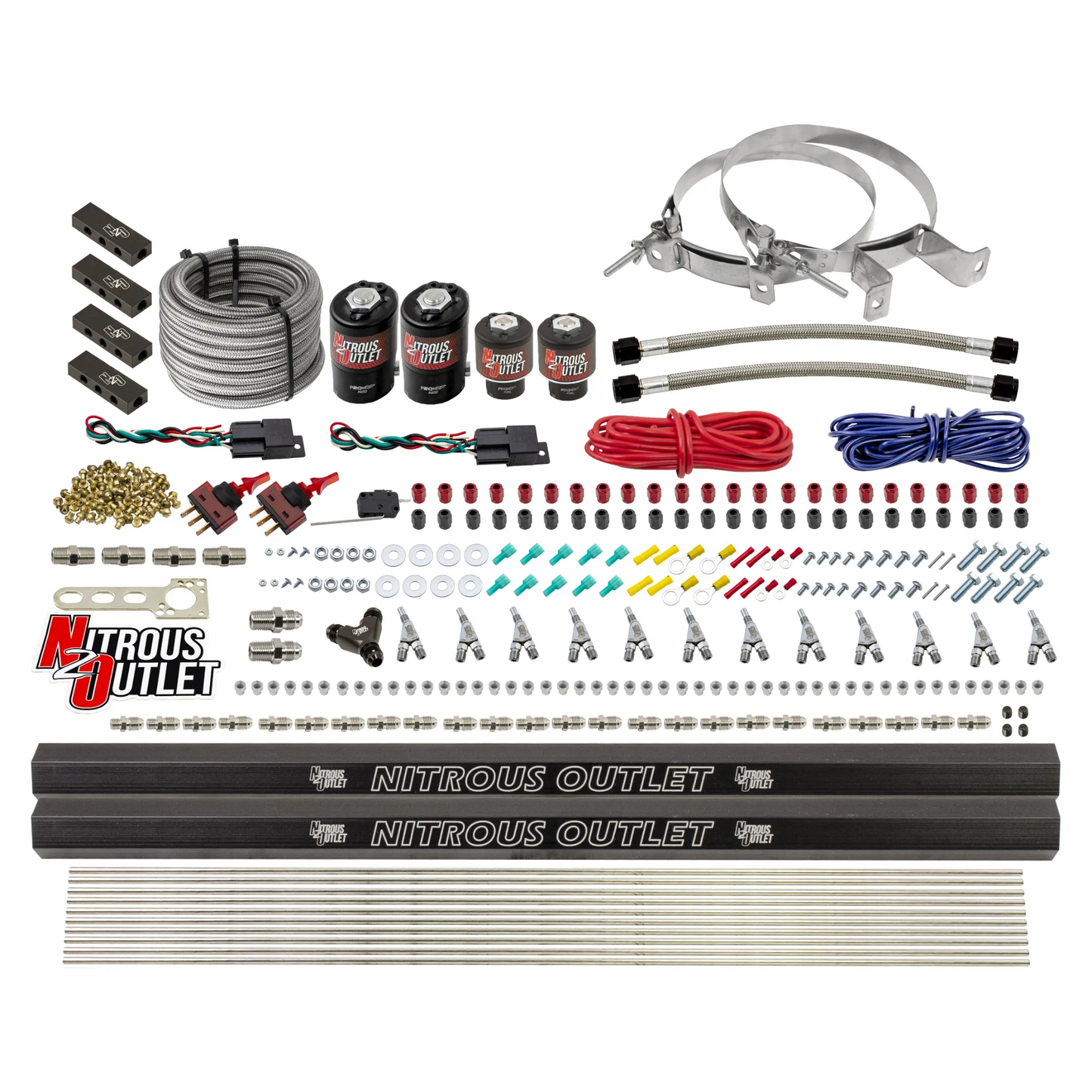 Nitrous Outlet 6 Cylinder Dual Stage Direct Port System - Two .122 Nitrous Solenoids/Two .177 Fuel Solenoids/Distribution Blocks/Annular Discharge Nozzles (Alcohol)(5-7-10 psi)(75-375HP)(No Bottle)