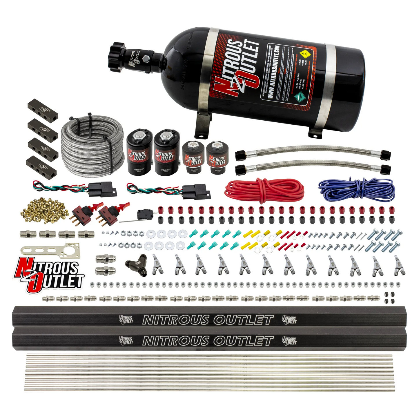 Nitrous Outlet 6 Cylinder Dual Stage Direct Port System - Two .122 Nitrous Solenoids/Two .177 Fuel Solenoids/Distribution Blocks/Annular Discharge Nozzles (Alcohol)(5-7-10 psi)(75-375HP)(10lb Bottle)