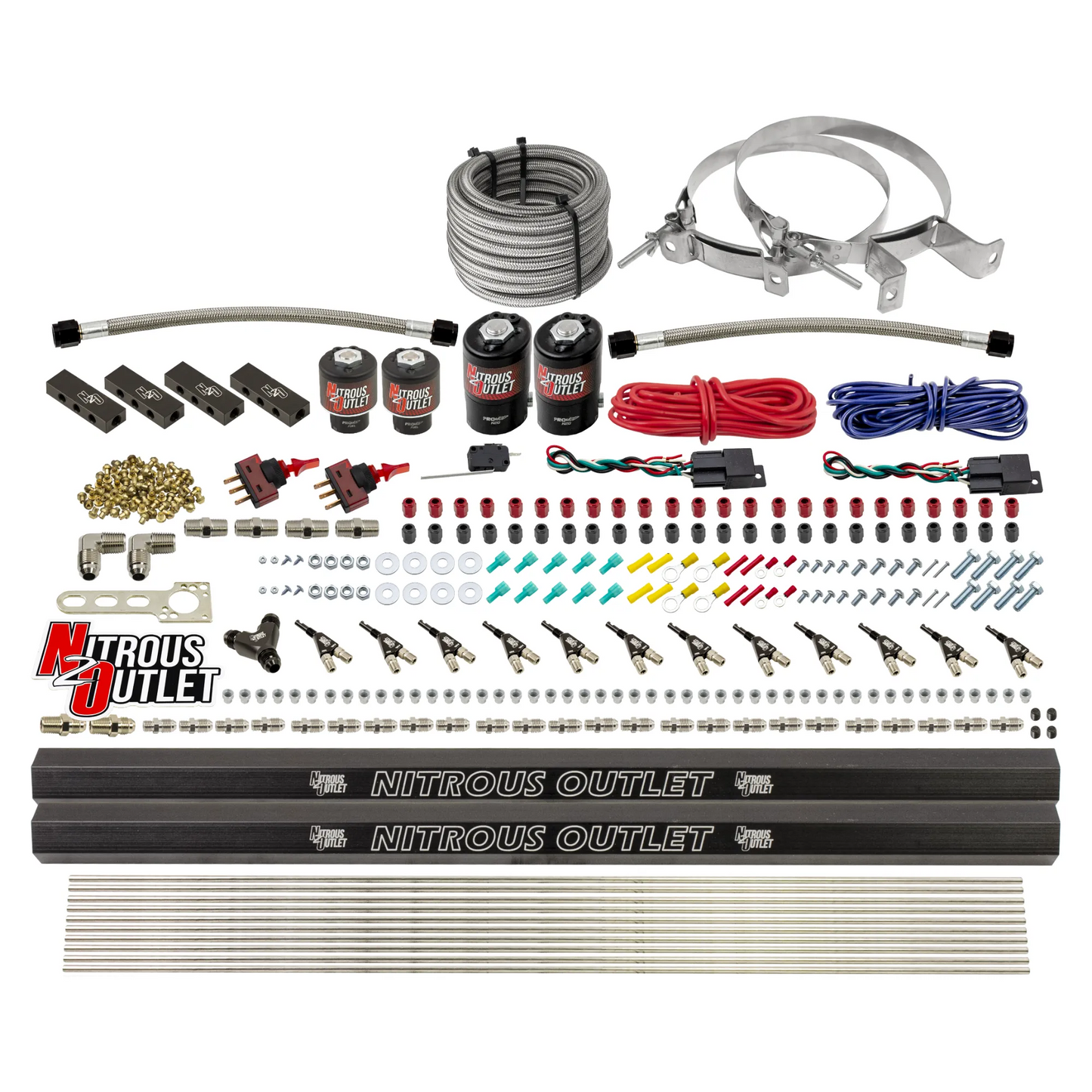 Nitrous Outlet 6 Cylinder Dual Stage Direct Port System - Two .122 Nitrous Solenoids/Two .177 Fuel Solenoids/Distribution Blocks/90 Degree Discharge Nozzles (E85)(5-7-10 psi)(75-375HP)(No Bottle)