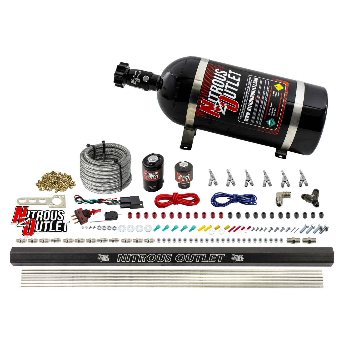 Nitrous Outlet 6 Cylinder Direct Port System - .122 Nitrous Solenoid/.177 Fuel Solenoid/Distribution Blocks/Annular Degree Discharge Nozzles (E85)(5-7-10 psi)(75-375HP)(10lb Bottle)