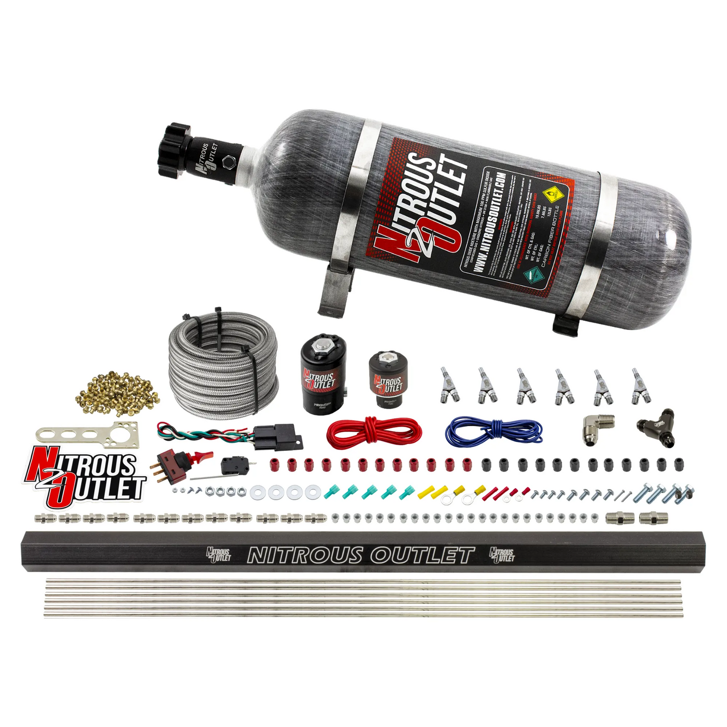 Nitrous Outlet 6 Cylinder Direct Port System - .122 Nitrous Solenoid/.177 Fuel Solenoid/Distribution Blocks/Annular Degree Discharge Nozzles (E85)(5-7-10 psi)(75-375HP)(12lb Bottle)