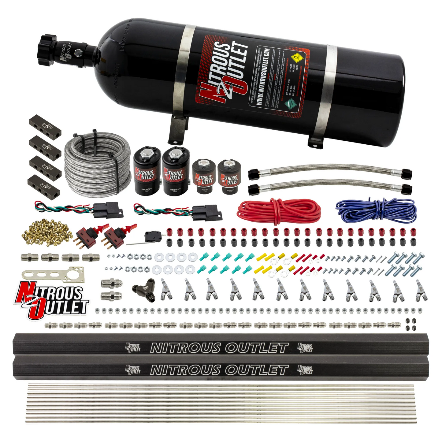 Nitrous Outlet 6 Cylinder Dual Stage Direct Port System - Two .122 Nitrous Solenoids/Two .177 Fuel Solenoids/Distribution Blocks/Annular Discharge Nozzles (E85)(5-7-10 psi)(75-375HP)(15lb Bottle)