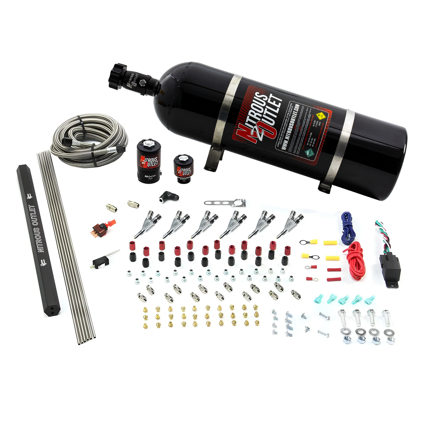Nitrous Outlet 6 Cylinder Direct Port System - .122 Nitrous Solenoids/.177 Fuel Solenoids/Dual Passage Injection Rail/Annular Discharge Nozzles (Gas)(5-7-10 psi)(75-375HP)(15lb Bottle)