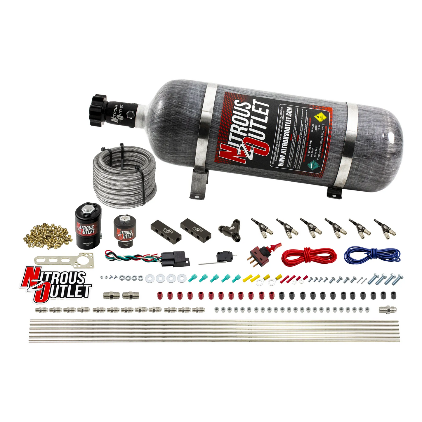 Nitrous Outlet 6 Cylinder Direct Port System - .122 Nitrous Solenoid/.177 Fuel Solenoid/Distribution Blocks/90 Degree Discharge Nozzles (Gas)(45-55 psi)(75-375HP)(12lb Bottle)
