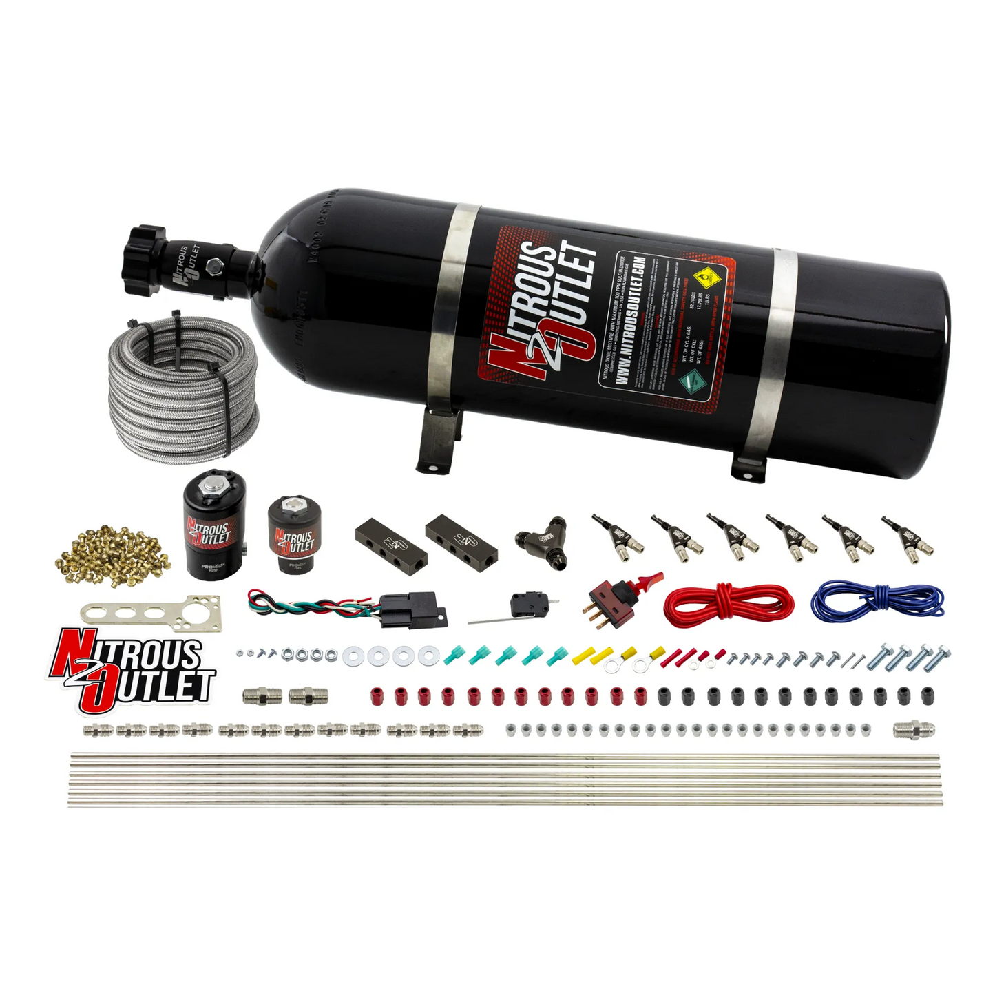 Nitrous Outlet 6 Cylinder Direct Port System - .122 Nitrous Solenoid/.177 Fuel Solenoid/Distribution Blocks/90 Degree Discharge Nozzles (Gas)(45-55 psi)(75-375HP)(15lb Bottle)