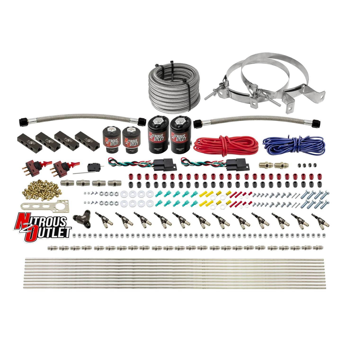 Nitrous Outlet 6 Cylinder Dual Stage Direct Port System - Two .122 Nitrous Solenoids/Two .177 Fuel Solenoids/Distribution Blocks/90 Degree Discharge Nozzles (Gas)(45-55 psi)(75-375HP)(No Bottle)