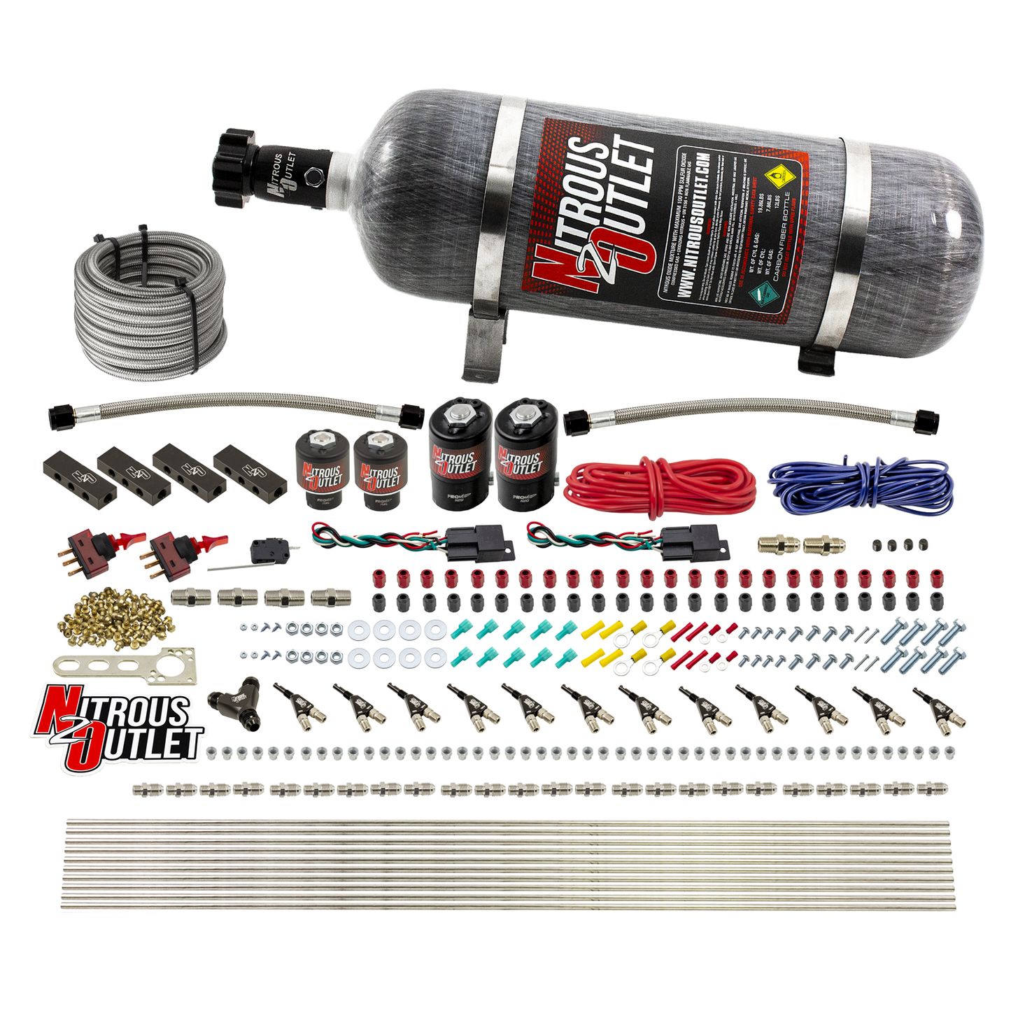 Nitrous Outlet 6 Cylinder Dual Stage Direct Port System - Two .122 Nitrous Solenoids/Two .177 Fuel Solenoids/Distribution Blocks/90 Degree Discharge Nozzles (E85)(45-55 psi)(75-375HP)(12lb Bottle)