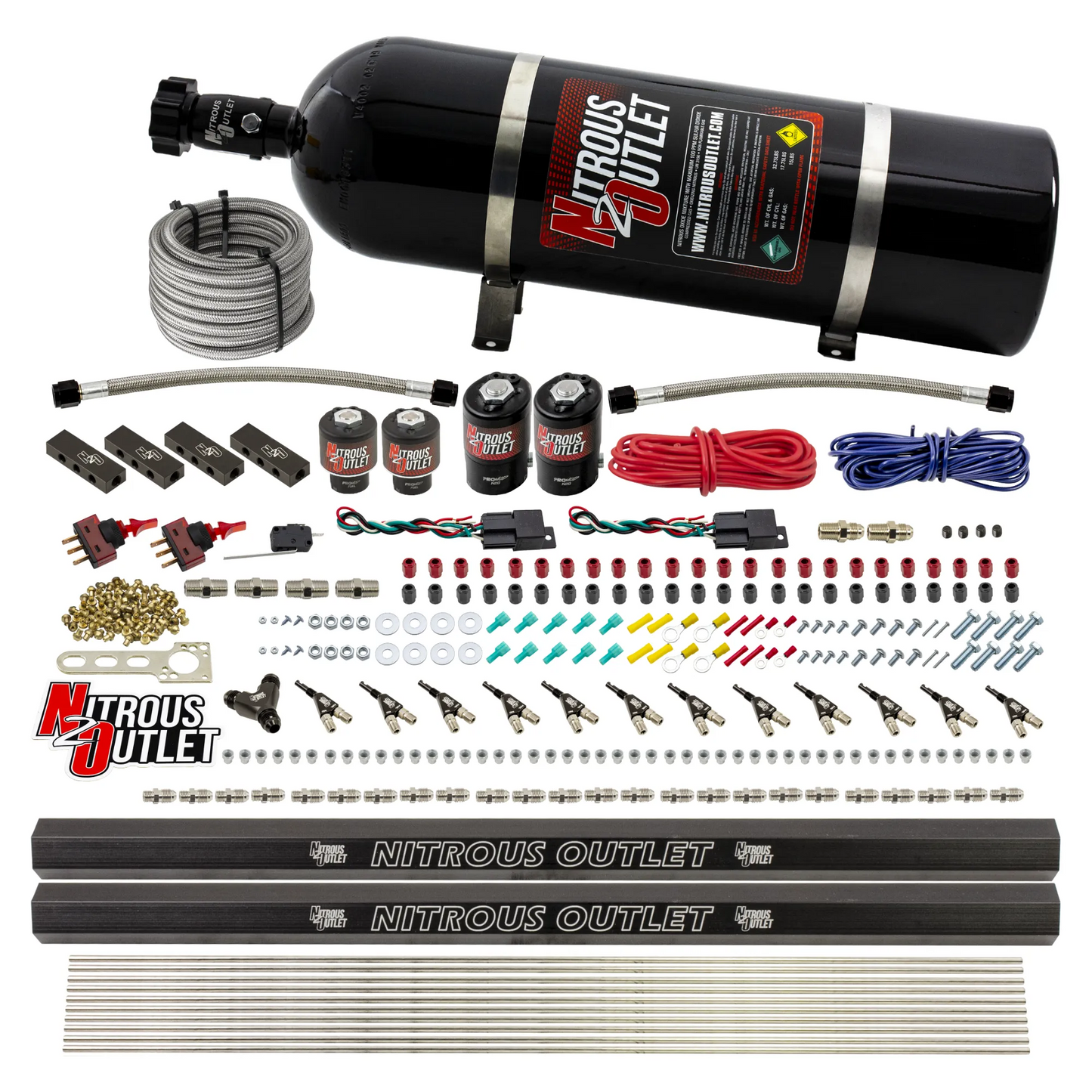 Nitrous Outlet 6 Cylinder Dual Stage Direct Port System - Two .122 Nitrous Solenoids/Two .177 Fuel Solenoids/Distribution Blocks/90 Degree Discharge Nozzles (Gas)(45-55 psi)(75-375HP)(15lb Bottle)