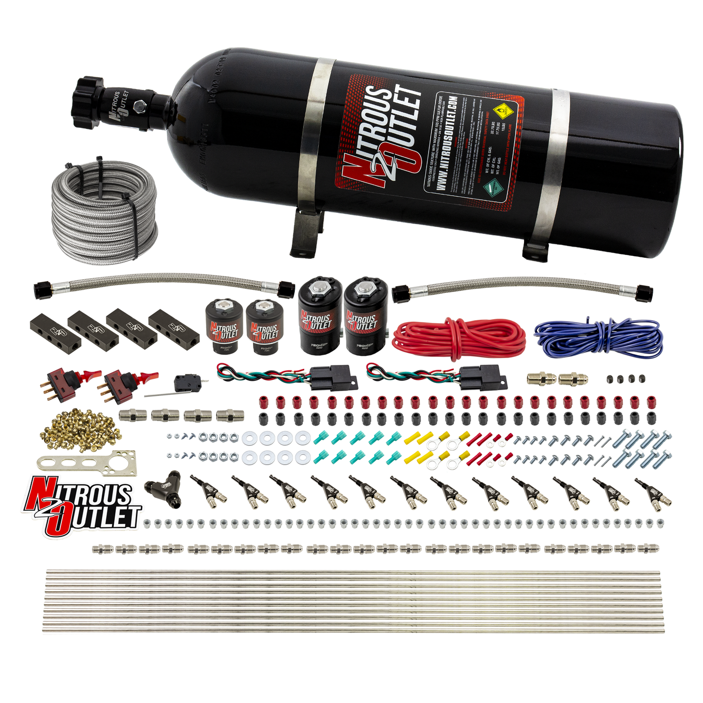 Nitrous Outlet 6 Cylinder Dual Stage Direct Port System - Two .122 Nitrous Solenoids/Two .177 Fuel Solenoids/Distribution Blocks/90 Degree Discharge Nozzles (E85)(45-55 psi)(75-375HP)(15lb Bottle)