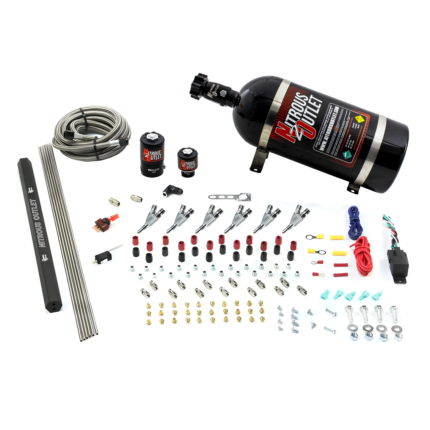 Nitrous Outlet 6 Cylinder Direct Port System - .122 Nitrous Solenoids/.177 Fuel Solenoids/Dual Passage Injection Rail/Annular Discharge Nozzles (E85)(45-55 psi)(75-375HP)(10lb Bottle)