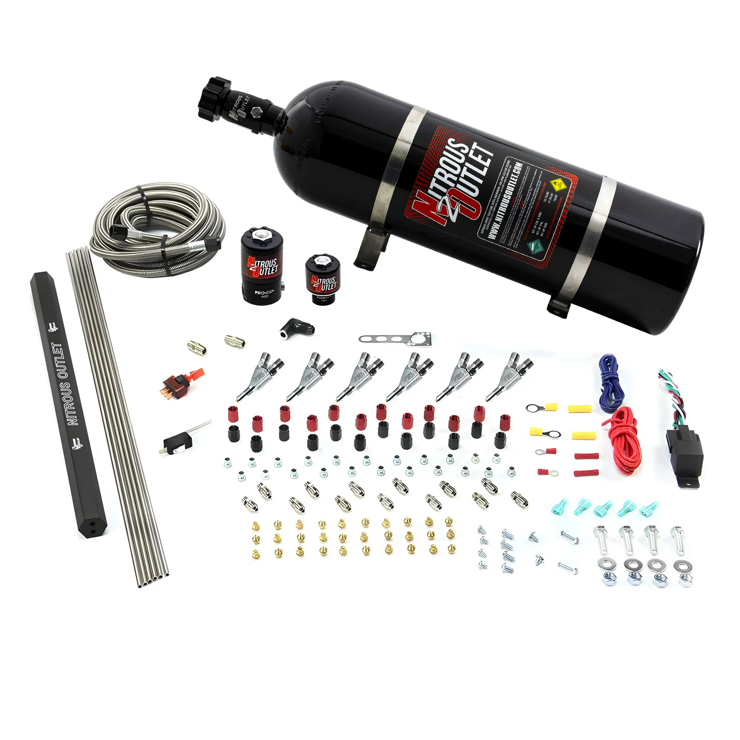 Nitrous Outlet 6 Cylinder Direct Port System - .122 Nitrous Solenoids/.177 Fuel Solenoids/Dual Passage Injection Rail/Annular Discharge Nozzles (E85)(45-55 psi)(75-375HP)(15lb Bottle)